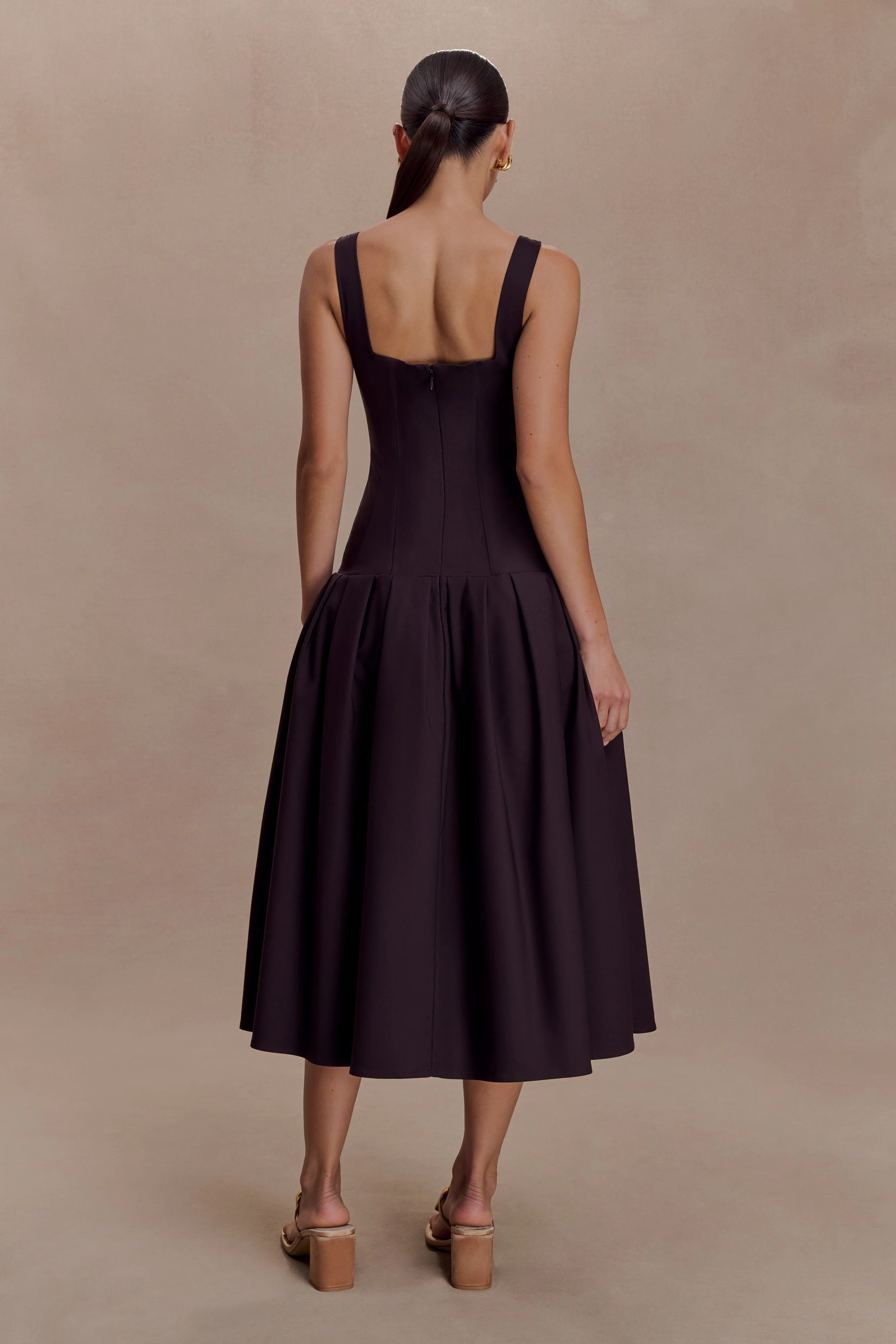 Natascha Drop Waist Cotton Midi Dress - Chocolate - Image 2