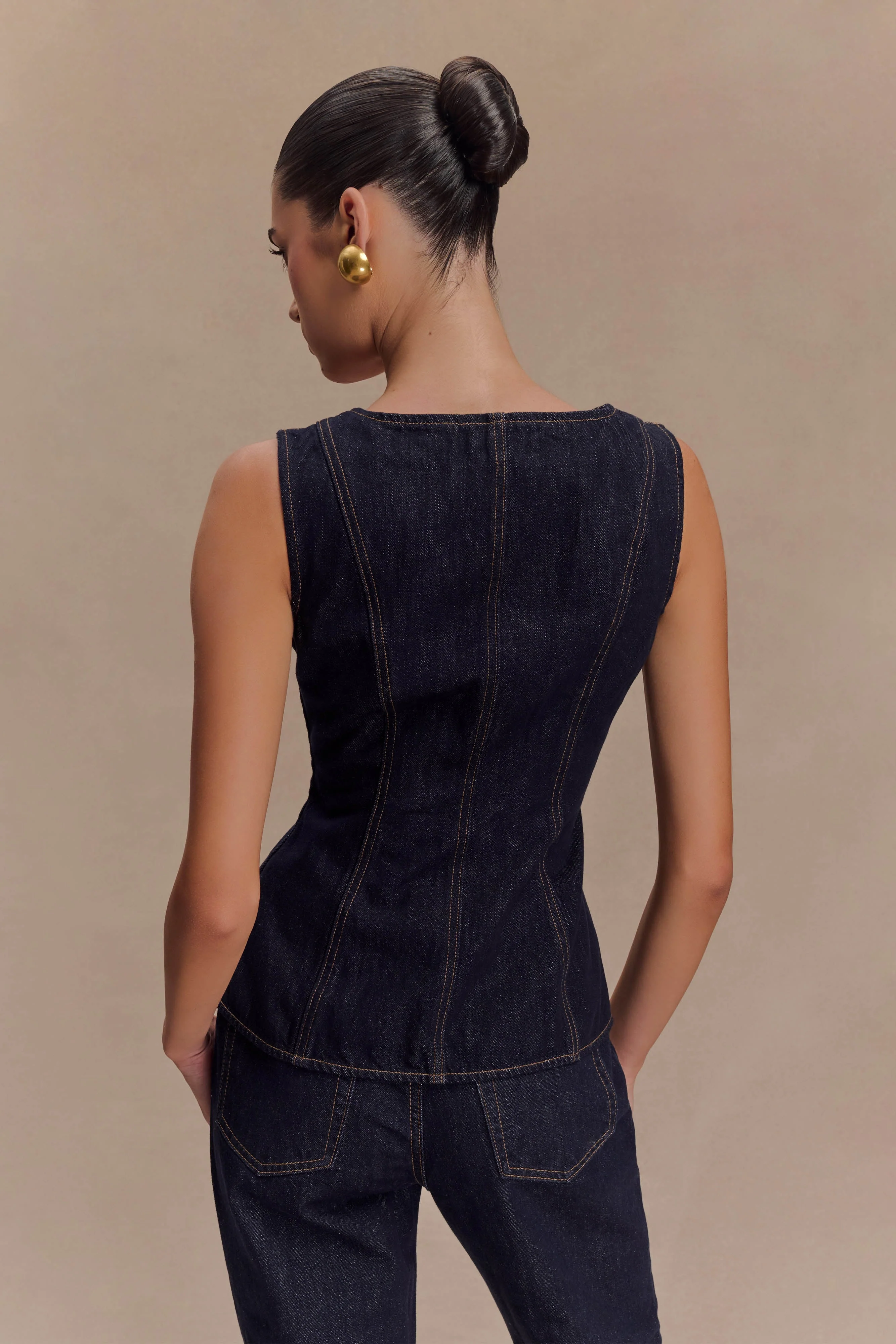 Neve Sleeveless Buttoned Denim Top - Washed Indigo Blue - Image 2