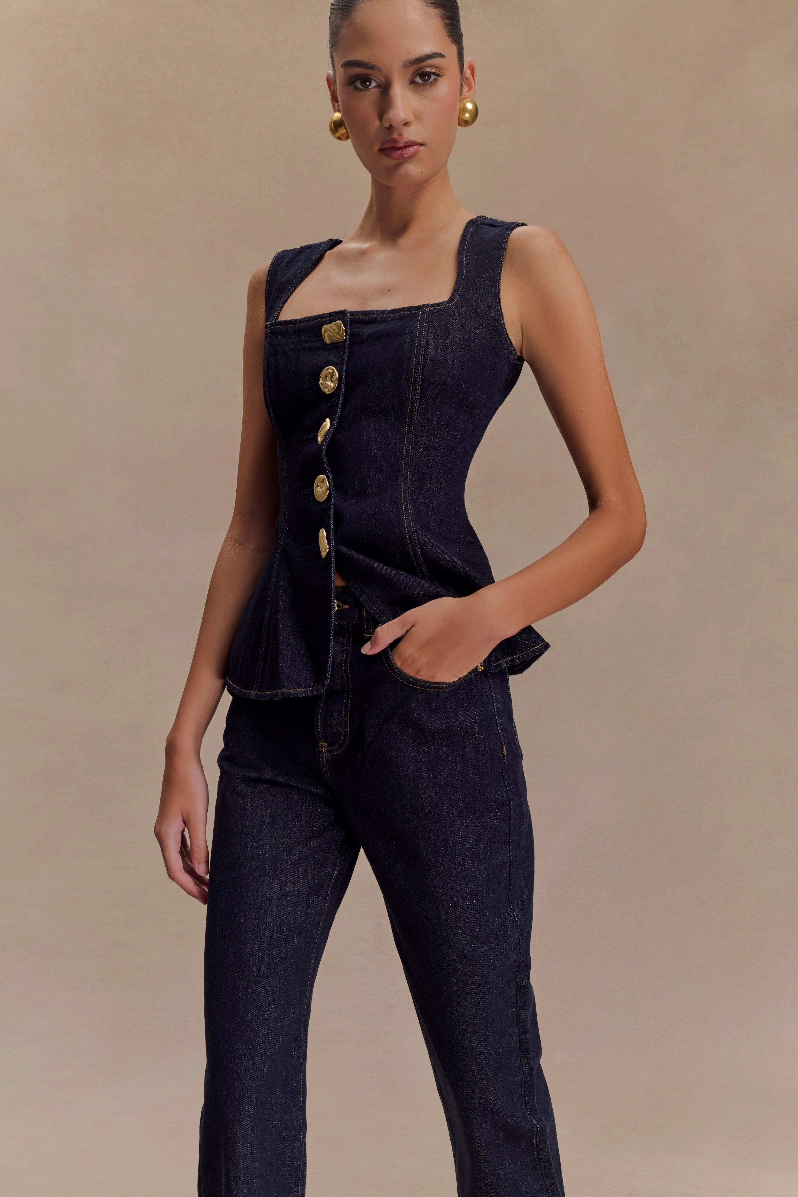 Neve Sleeveless Buttoned Denim Top - Washed Indigo Blue - Image 4