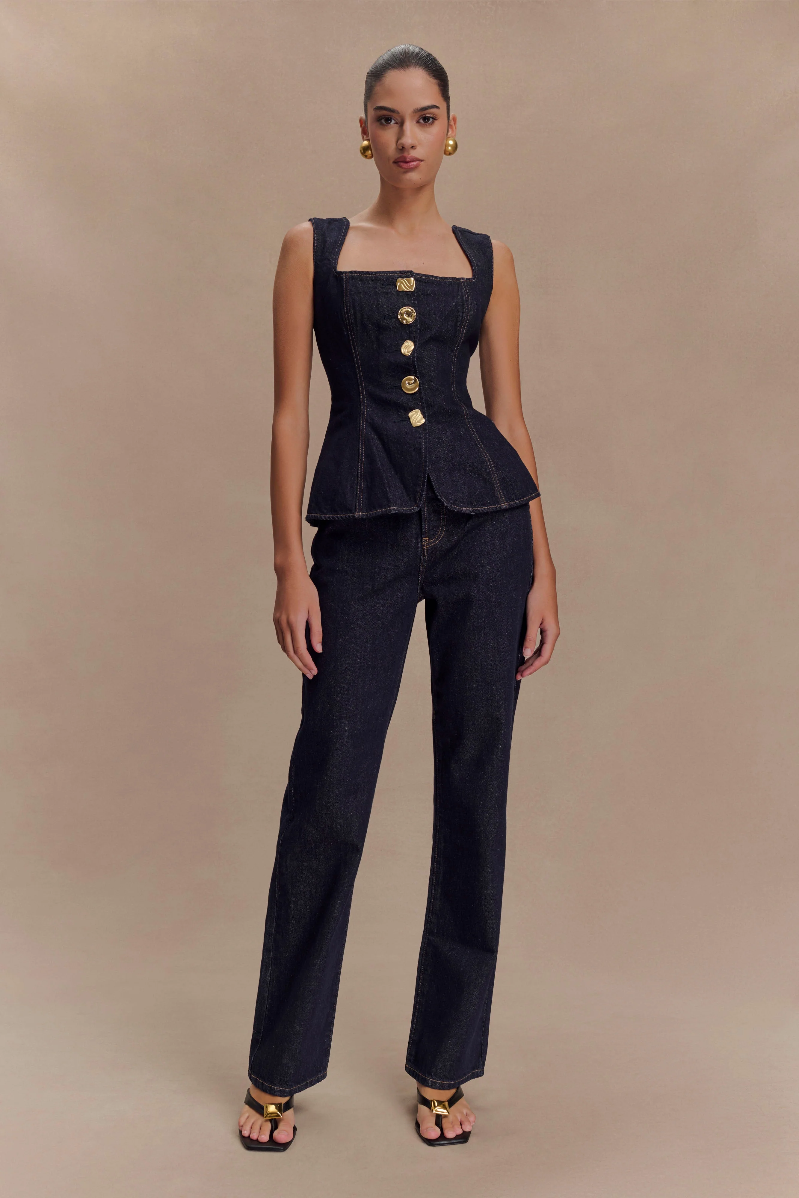 Neve Sleeveless Buttoned Denim Top - Washed Indigo Blue - Image 6