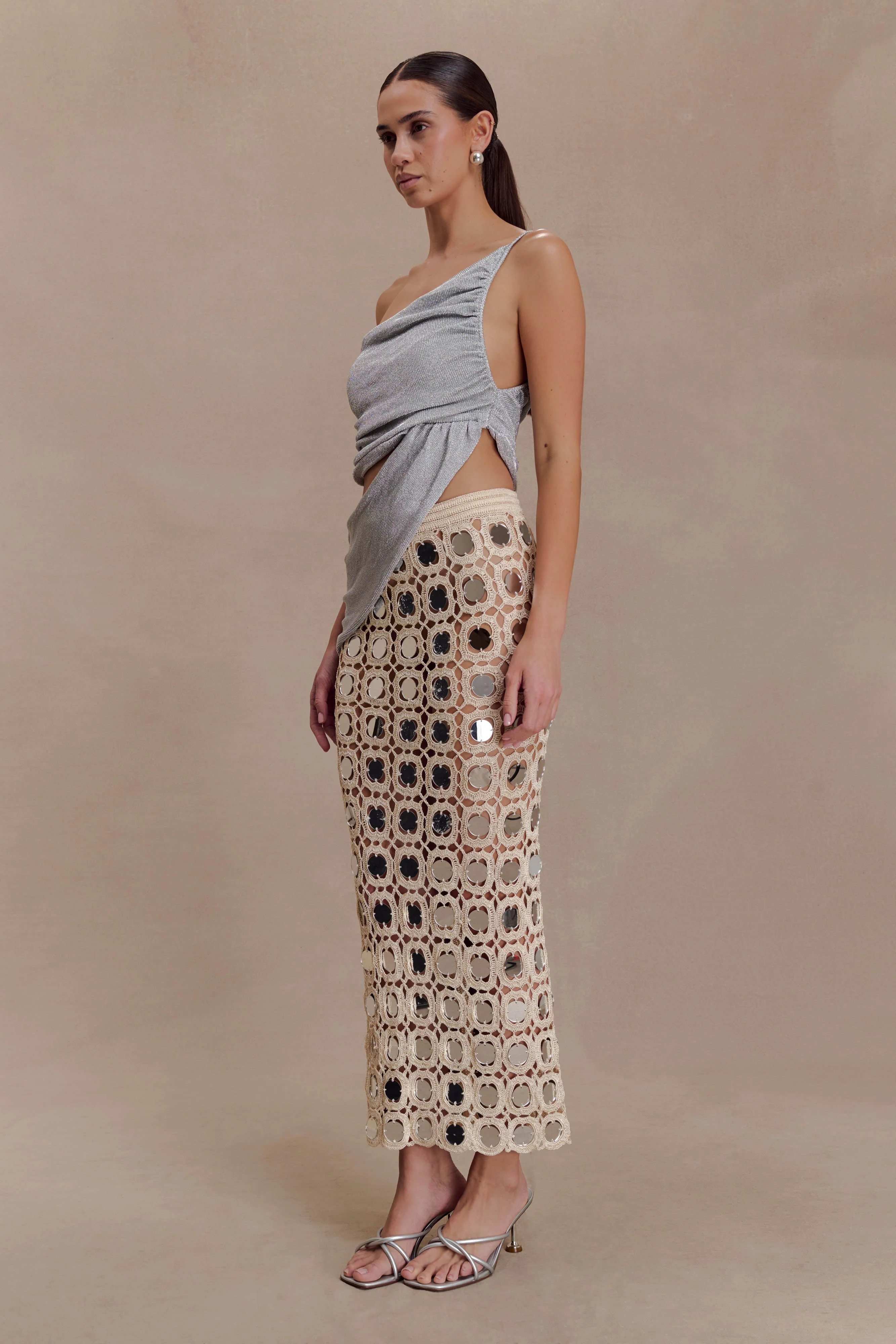 Noel Mirror Knit Midi Skirt - Beige - Image 3