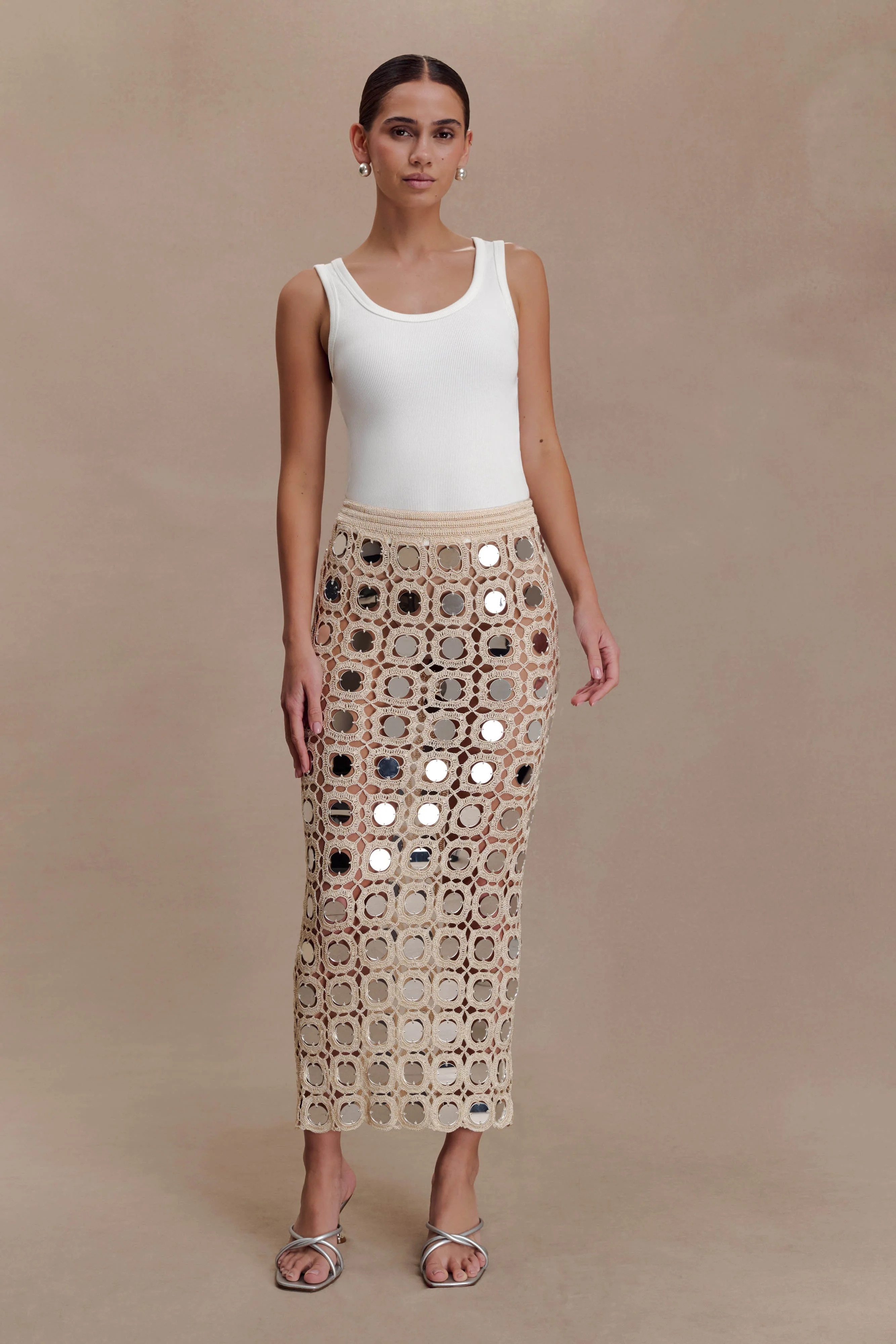 Noel Mirror Knit Midi Skirt - Beige - Image 8