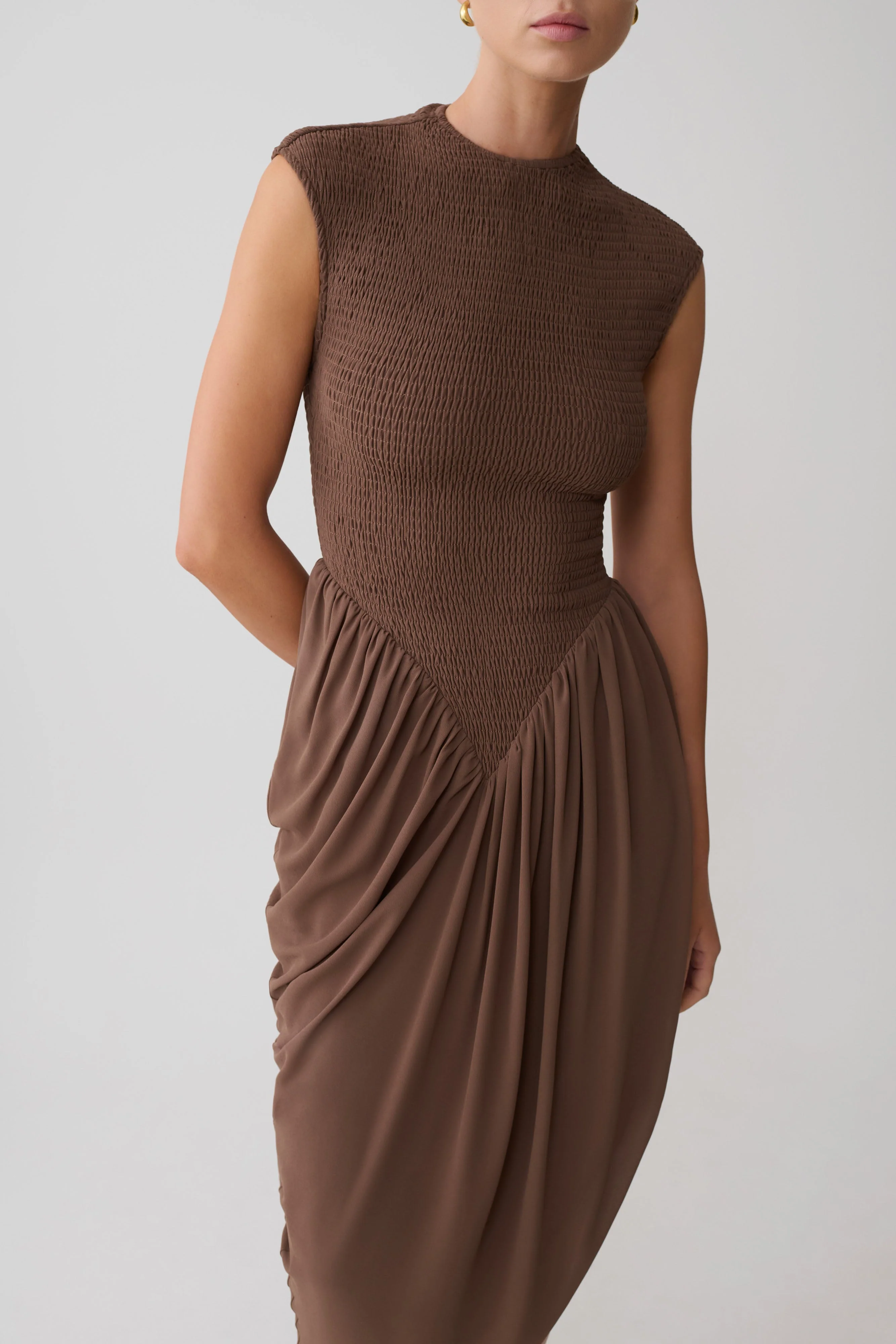 Nola Shirred Asymmetric Midi Dress - Mocha - Image 3