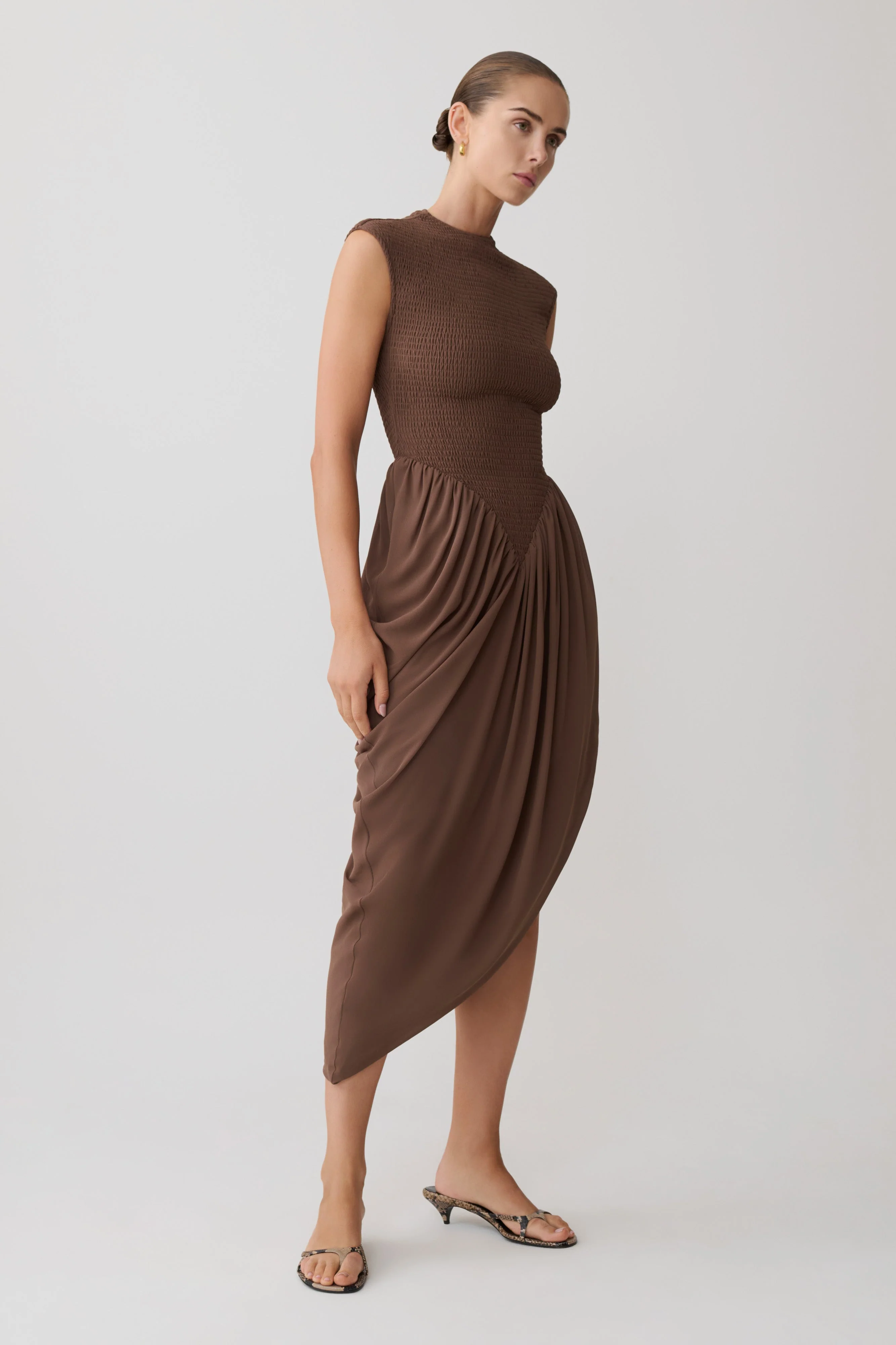 Nola Shirred Asymmetric Midi Dress - Mocha - Image 5