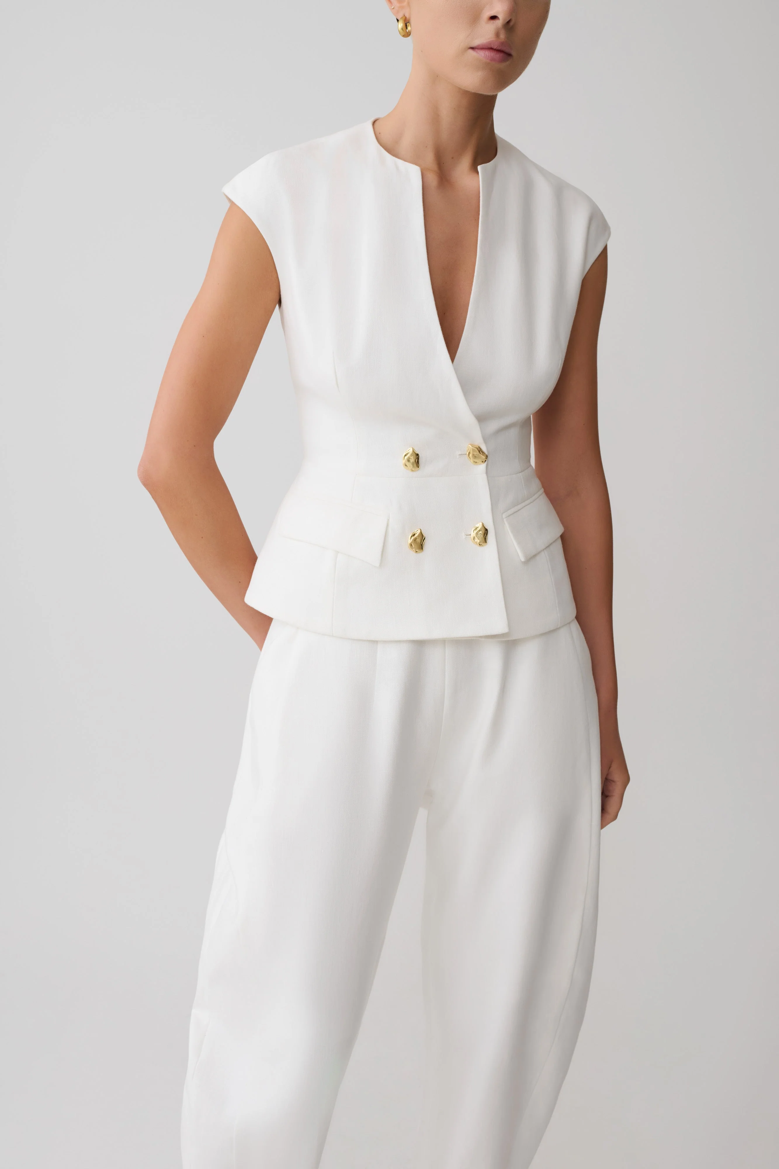 Oriana Linen Button Vest - White - Image 4
