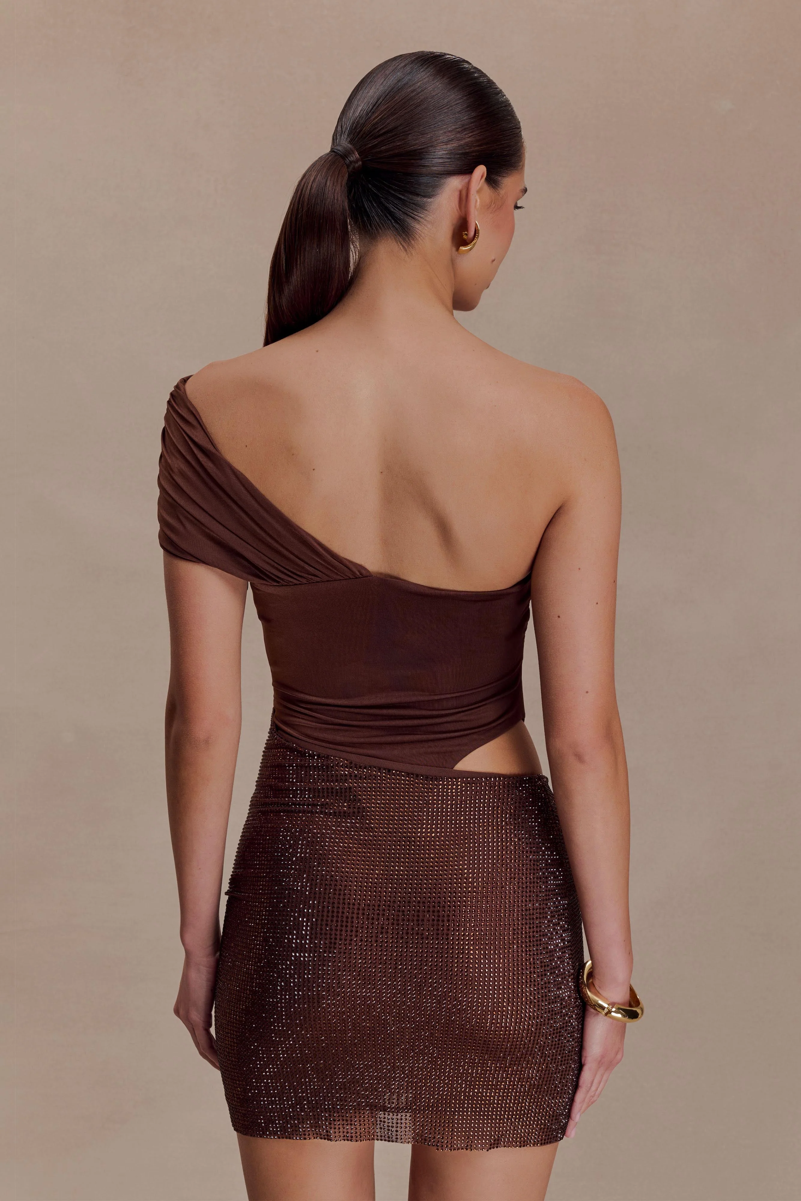 Paisley Slinky And Diamante Mini Dress - Chocolate - Image 7