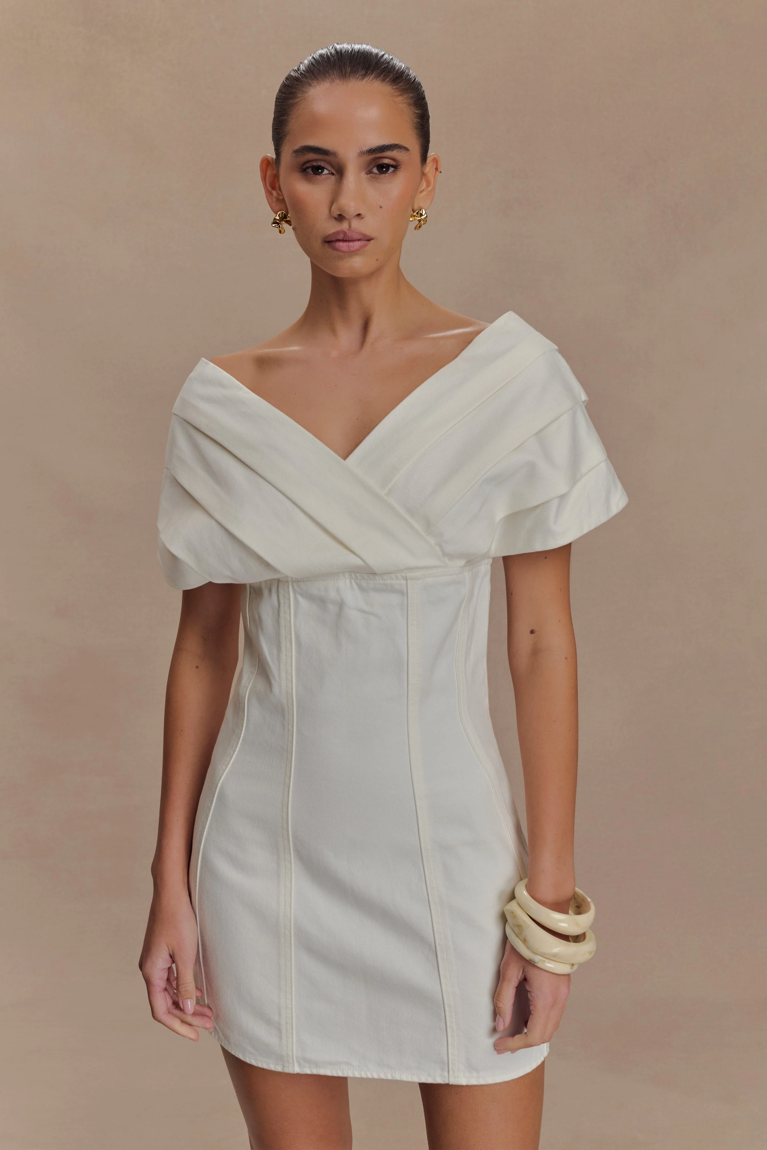 Pascale Off Shoulder Denim Mini Dress - White - Image 5