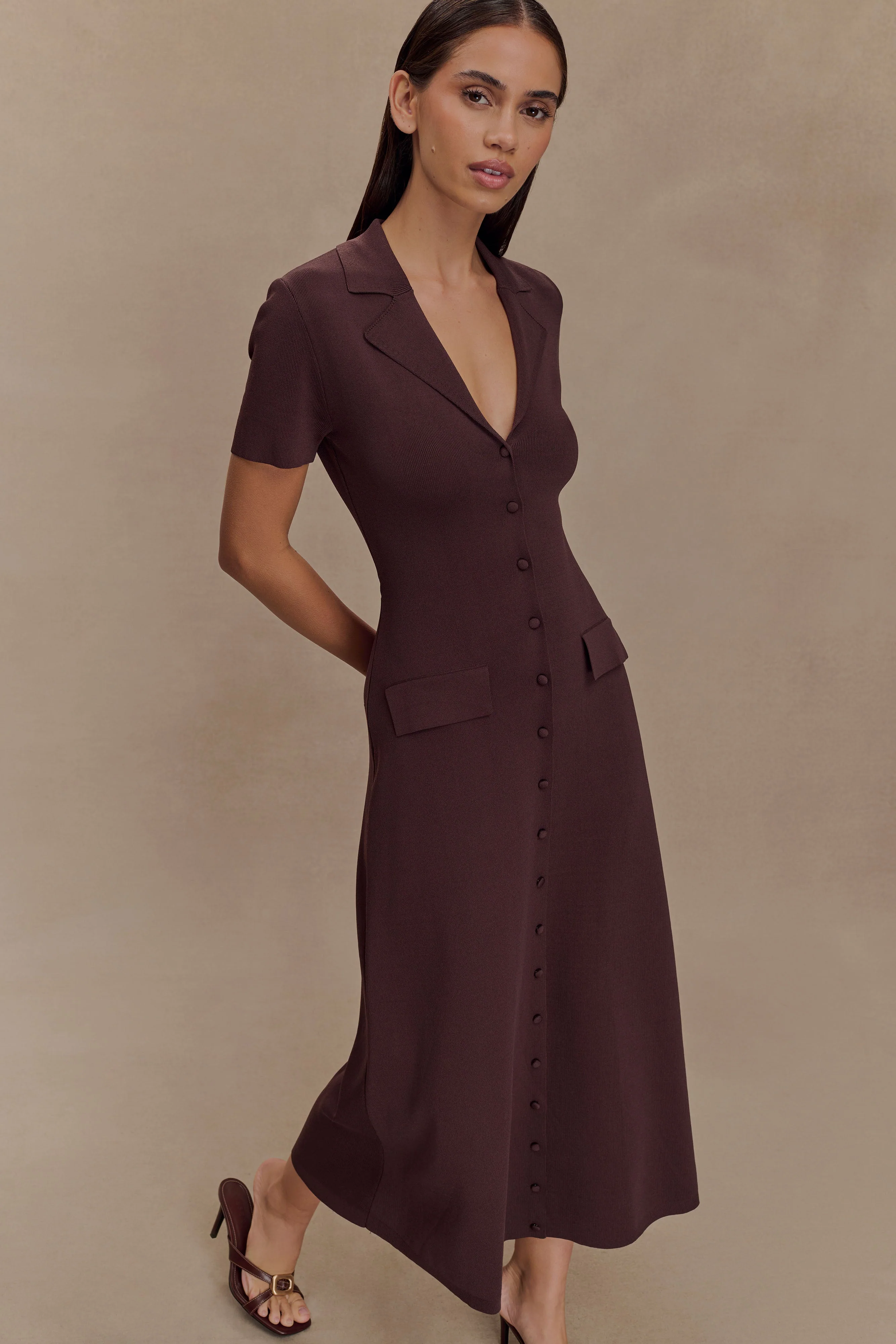 Pearson Short Sleeve Knit Midi Dress - Chocolate - Image 3