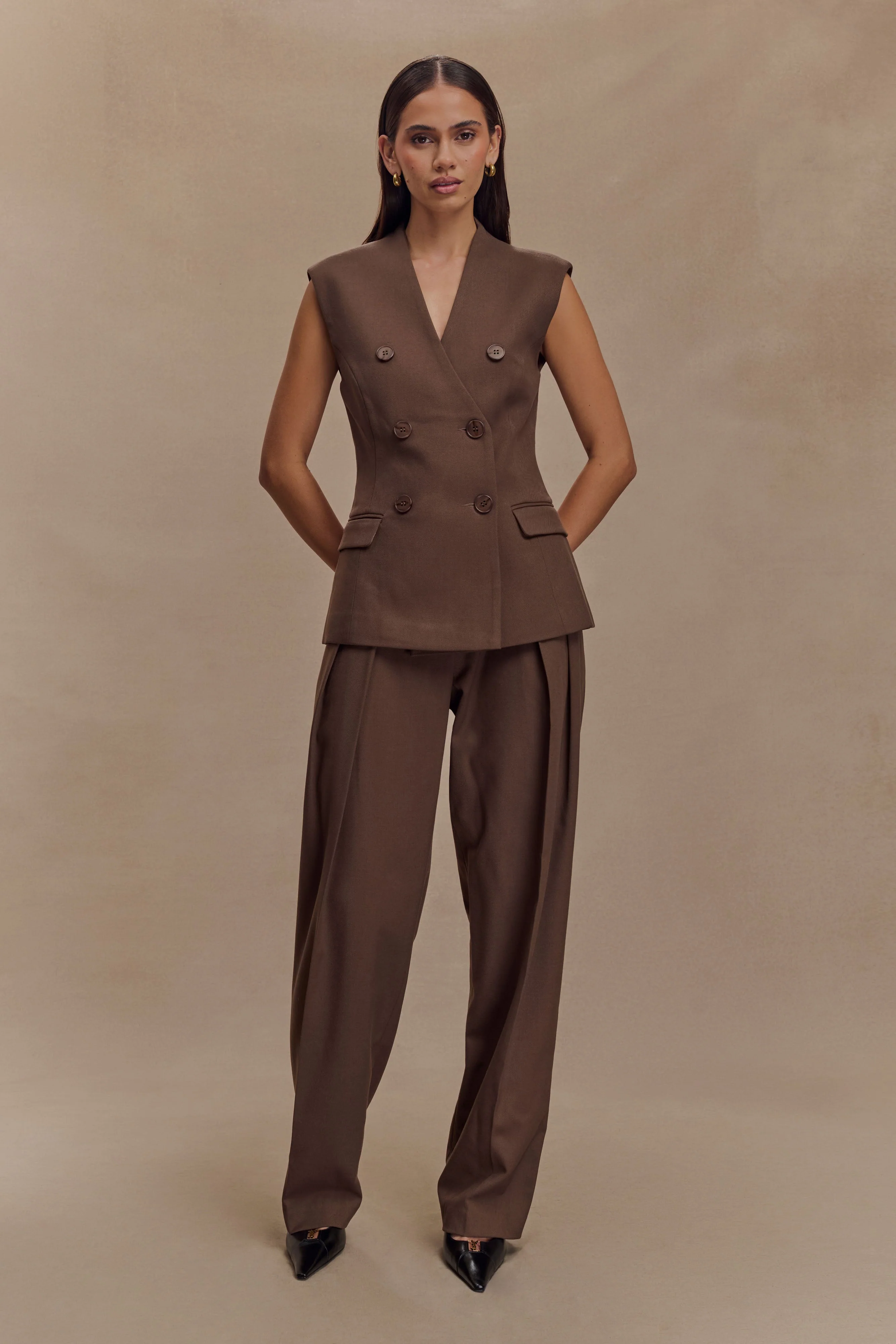 Penelope Pleated High Waisted Pants - Chocolate - Image 4