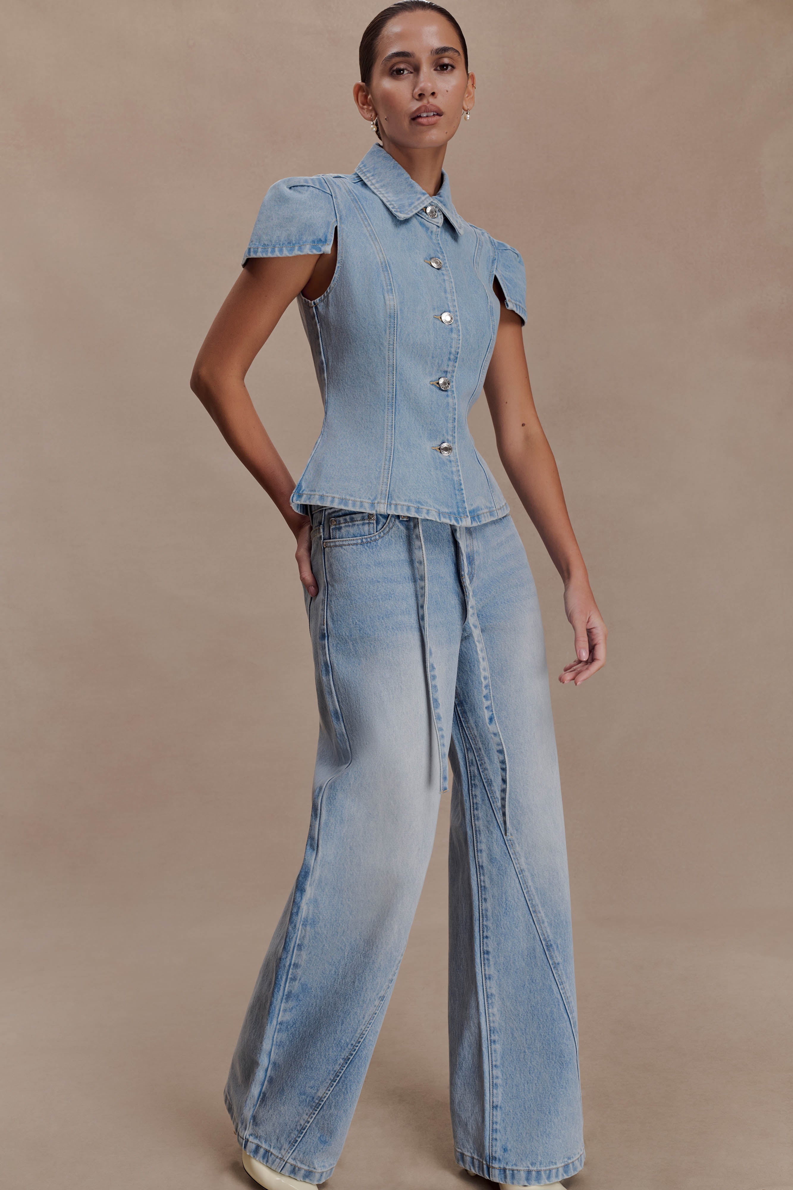 Perrie Mid Rise Straight Leg Tie Jeans - Washed Light Blue - Image 5