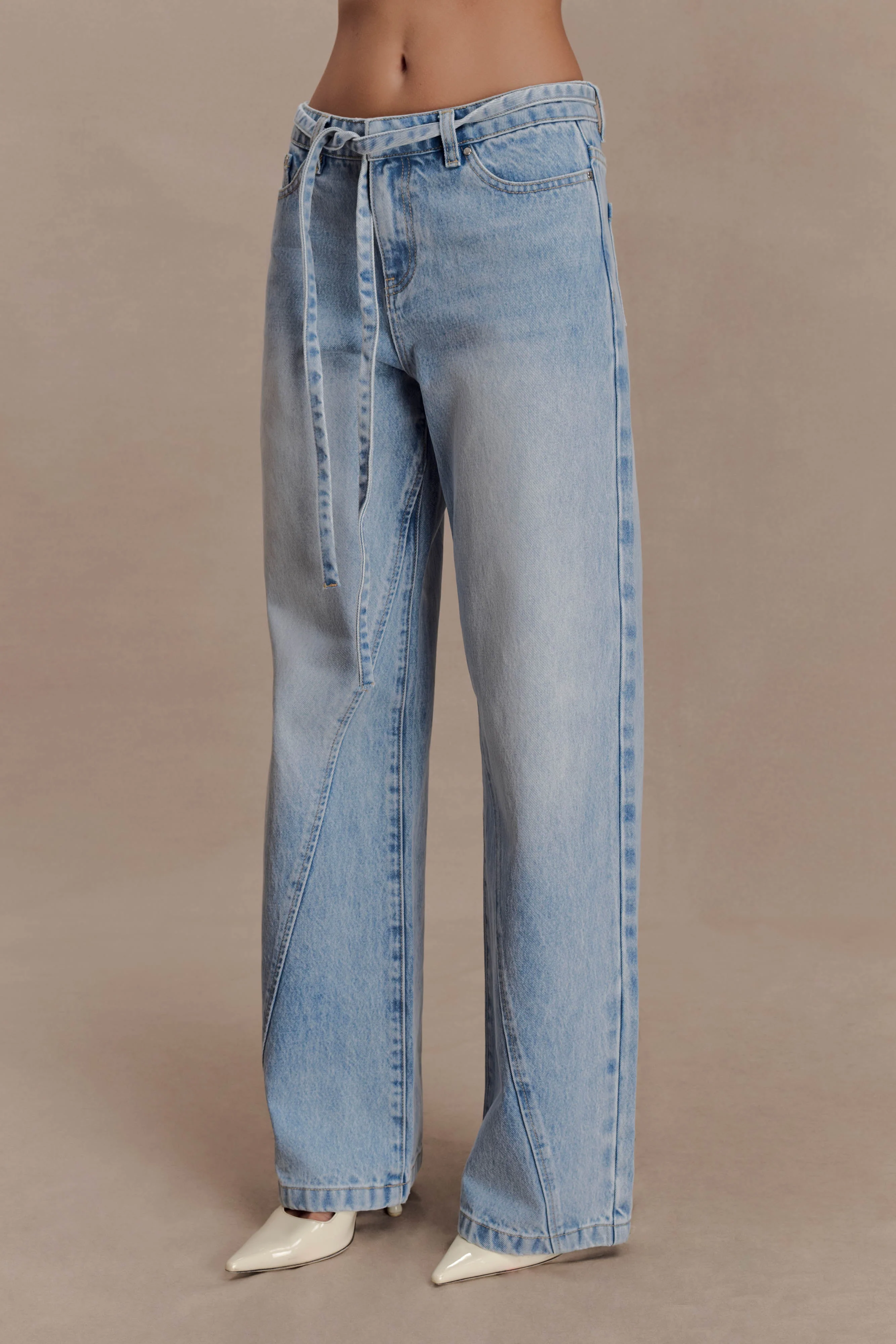 Perrie Mid Rise Straight Leg Tie Jeans - Washed Light Blue - Image 8