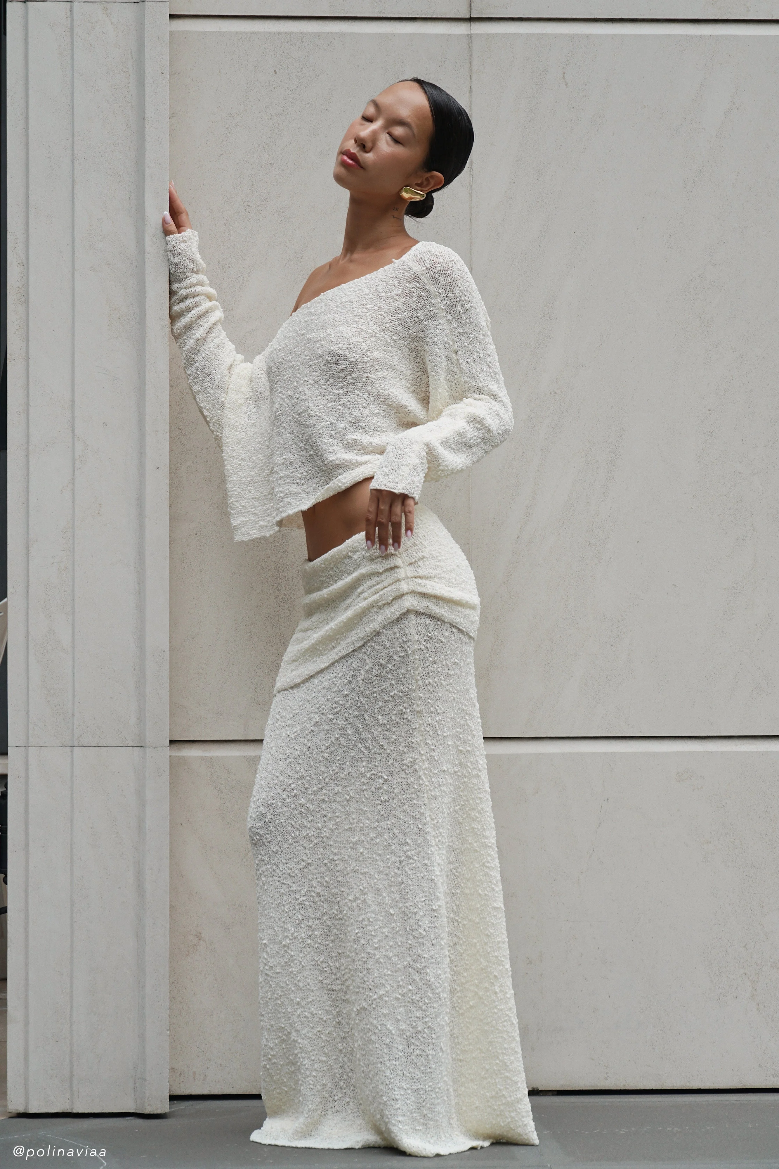 Petra Ruched Knit Maxi Skirt - Ivory - Image 3