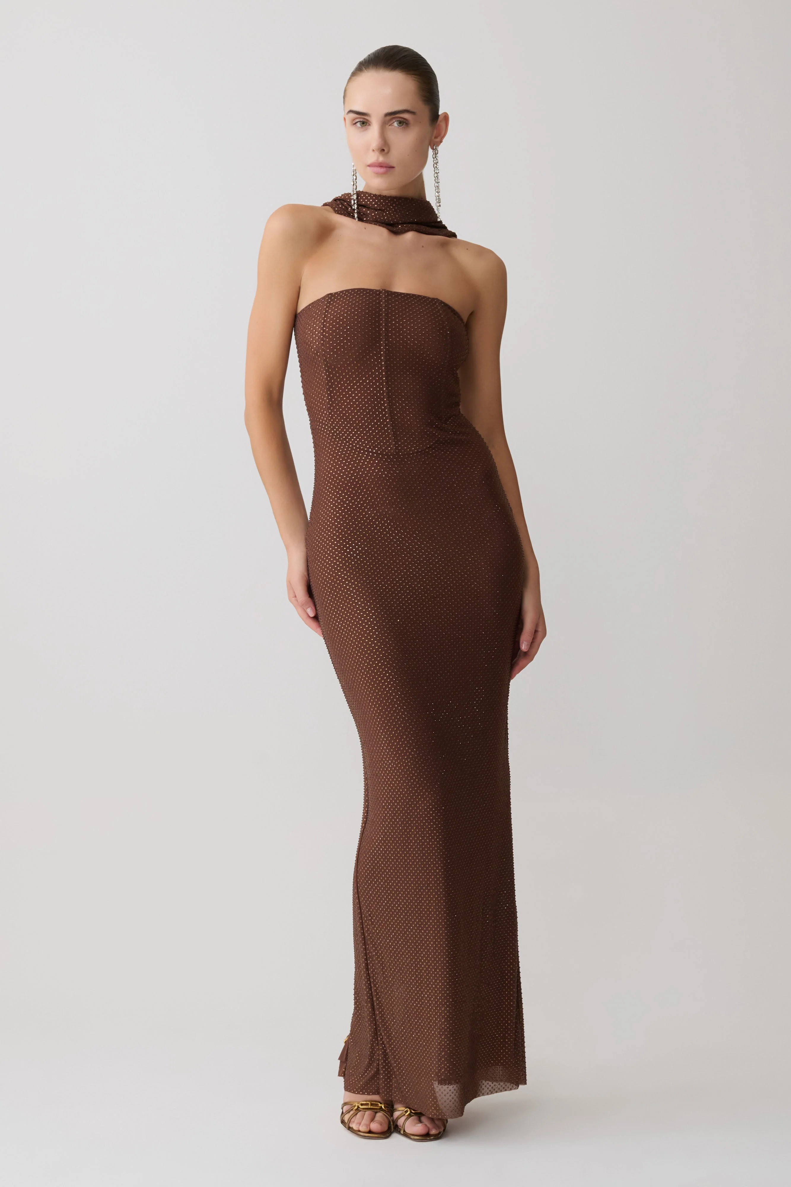 Phi Multi-Wear Cowl Diamante Maxi Dress - Chocolate - Image 6