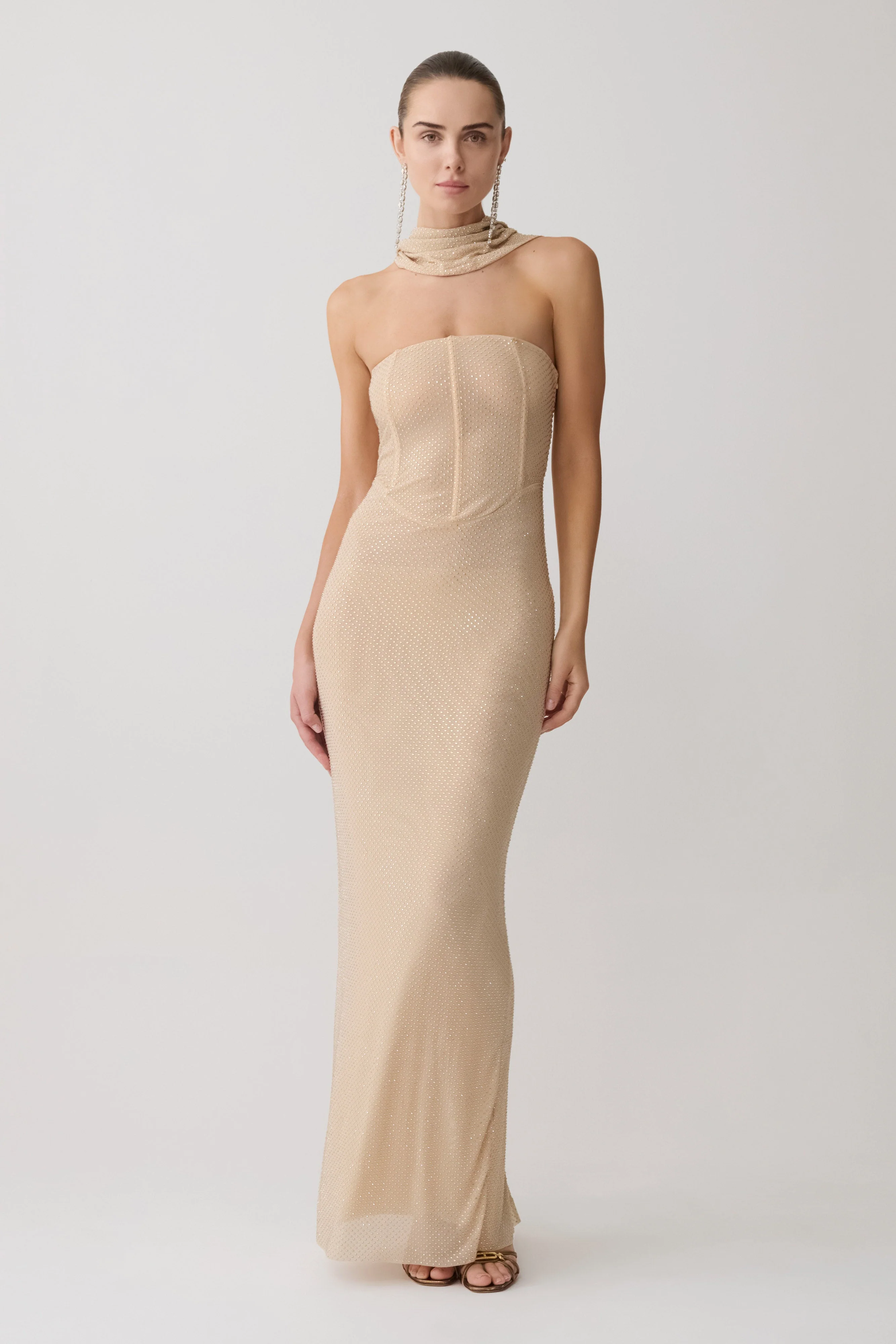 Phi Multi-Wear Cowl Diamante Maxi Dress - Gold - Image 11