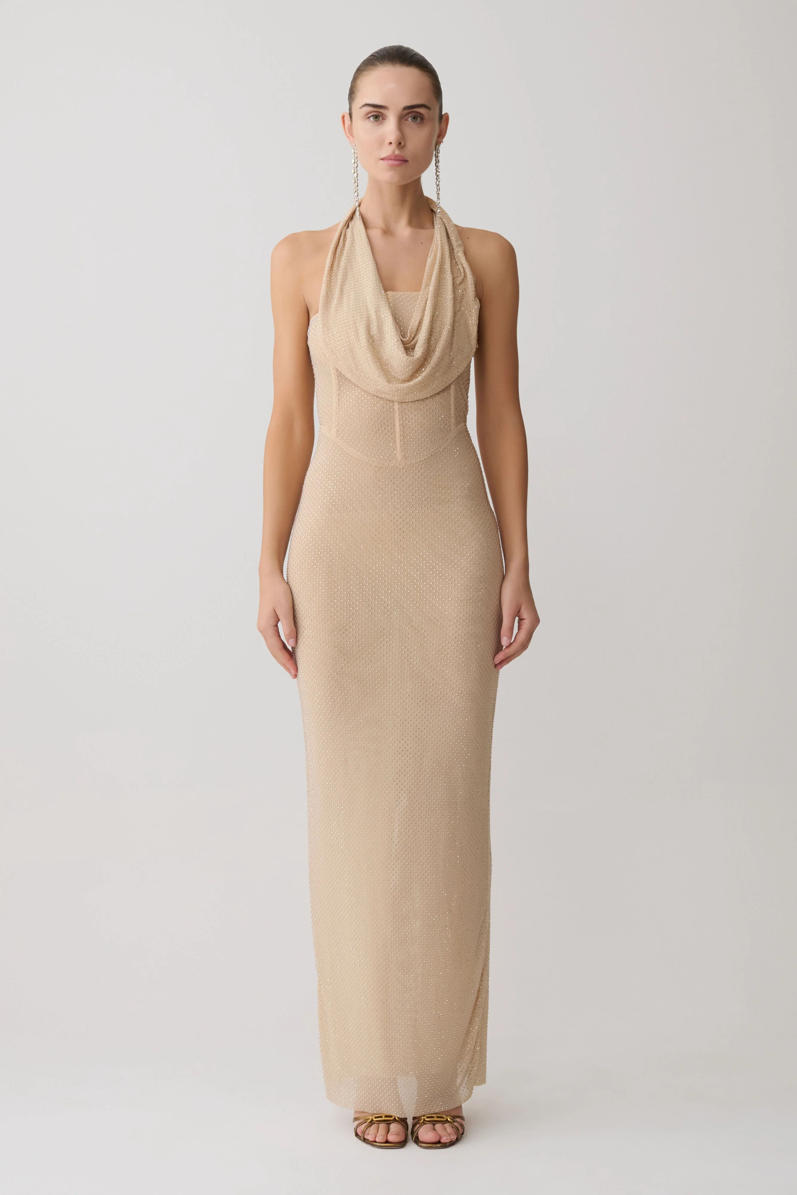 Phi Multi-Wear Cowl Diamante Maxi Dress - Gold - Image 7