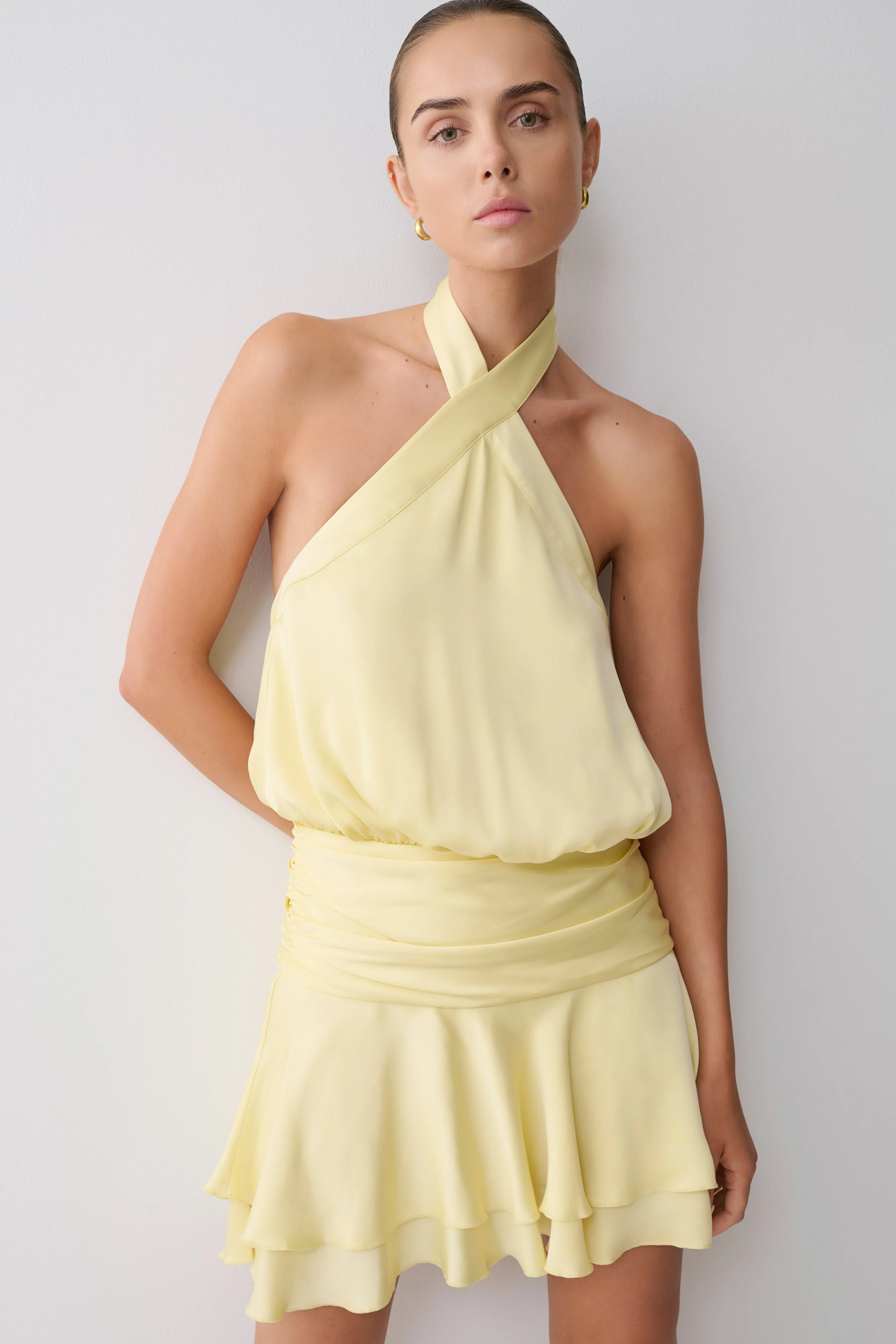 Poppy Satin Halter Mini Dress - Lemon - Image 2