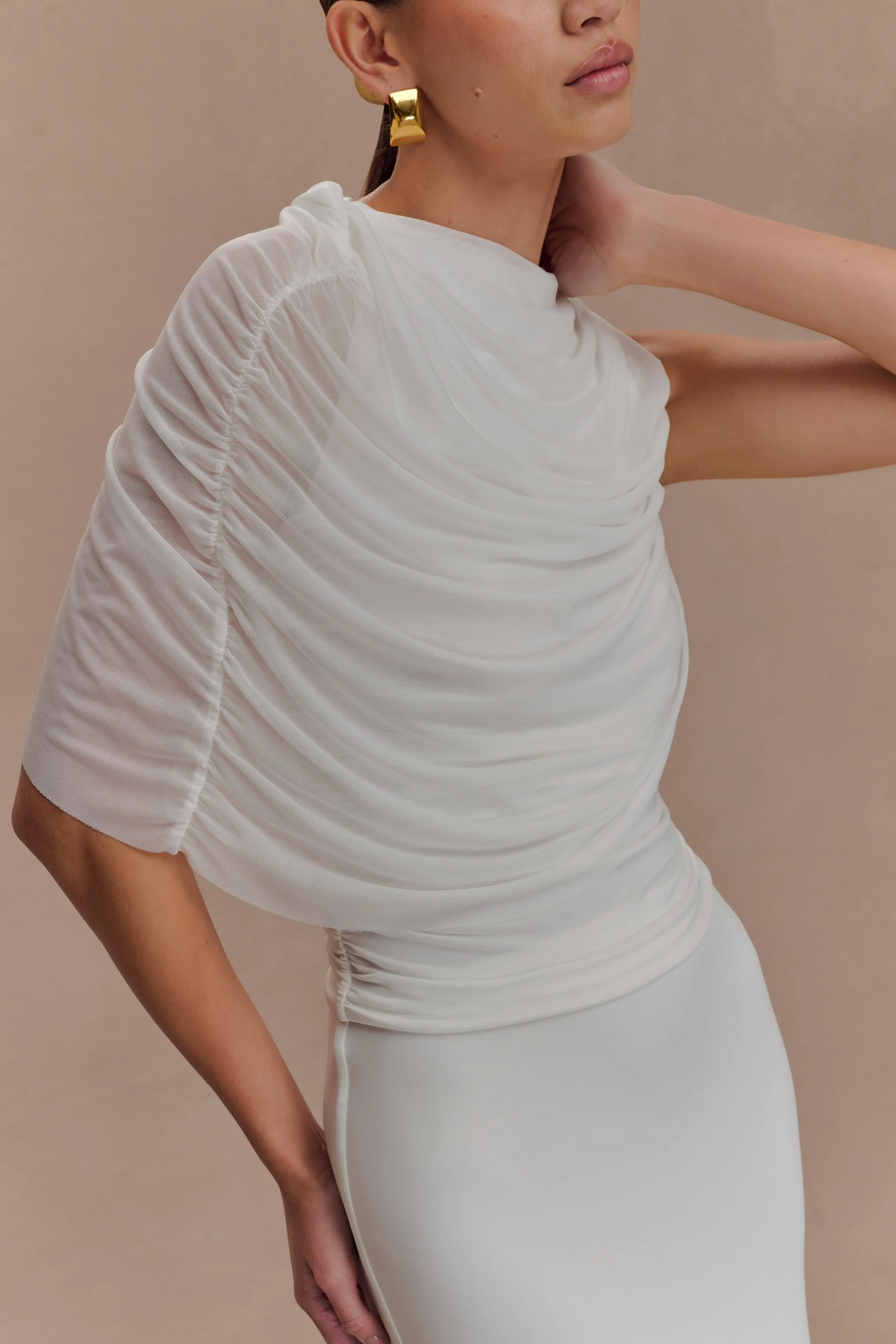 Pruedance Slinky Draped Top With Mesh Overlay - White - Image 2