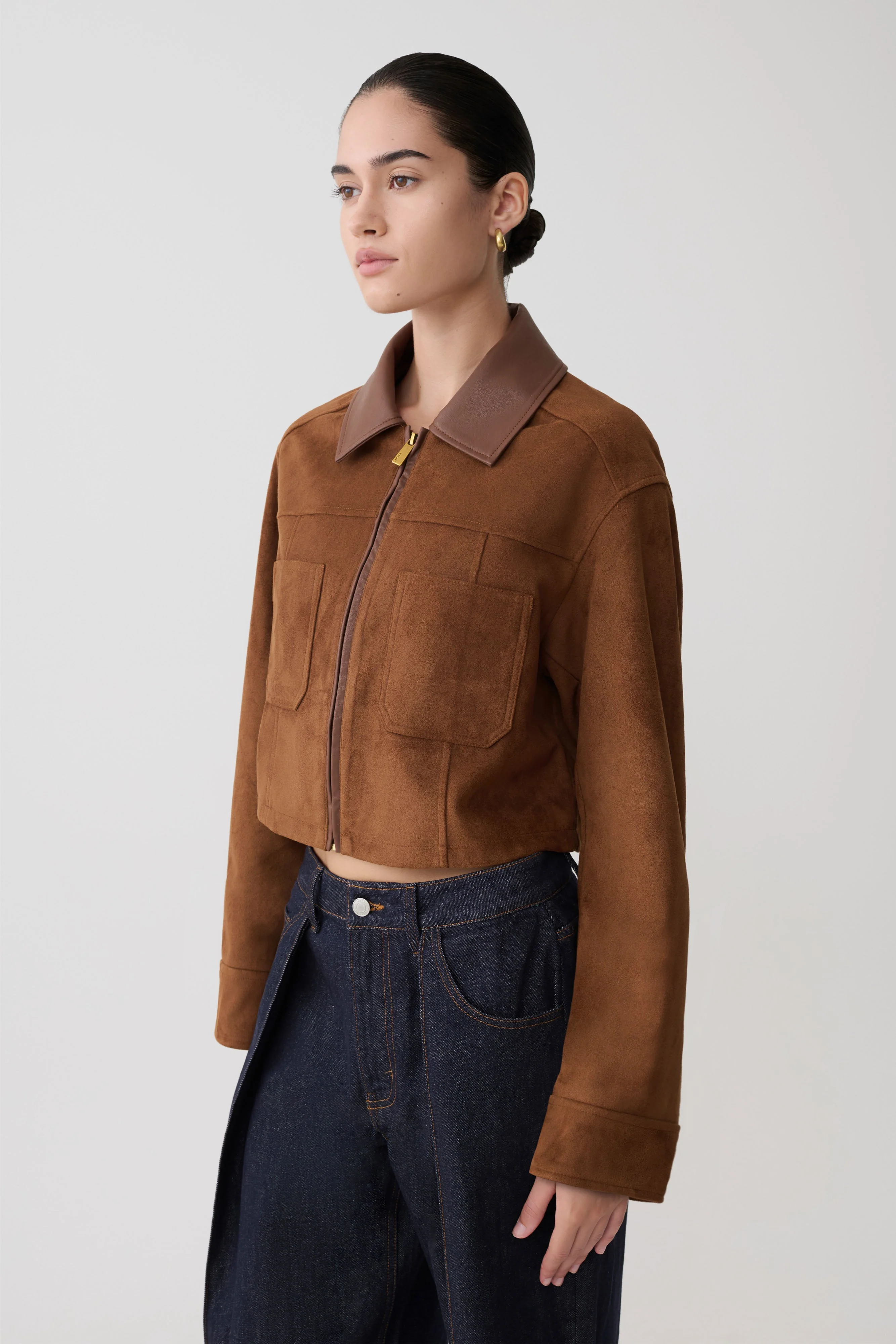 Remy Faux Suede & Leather Collared Jacket - Tan - Image 7