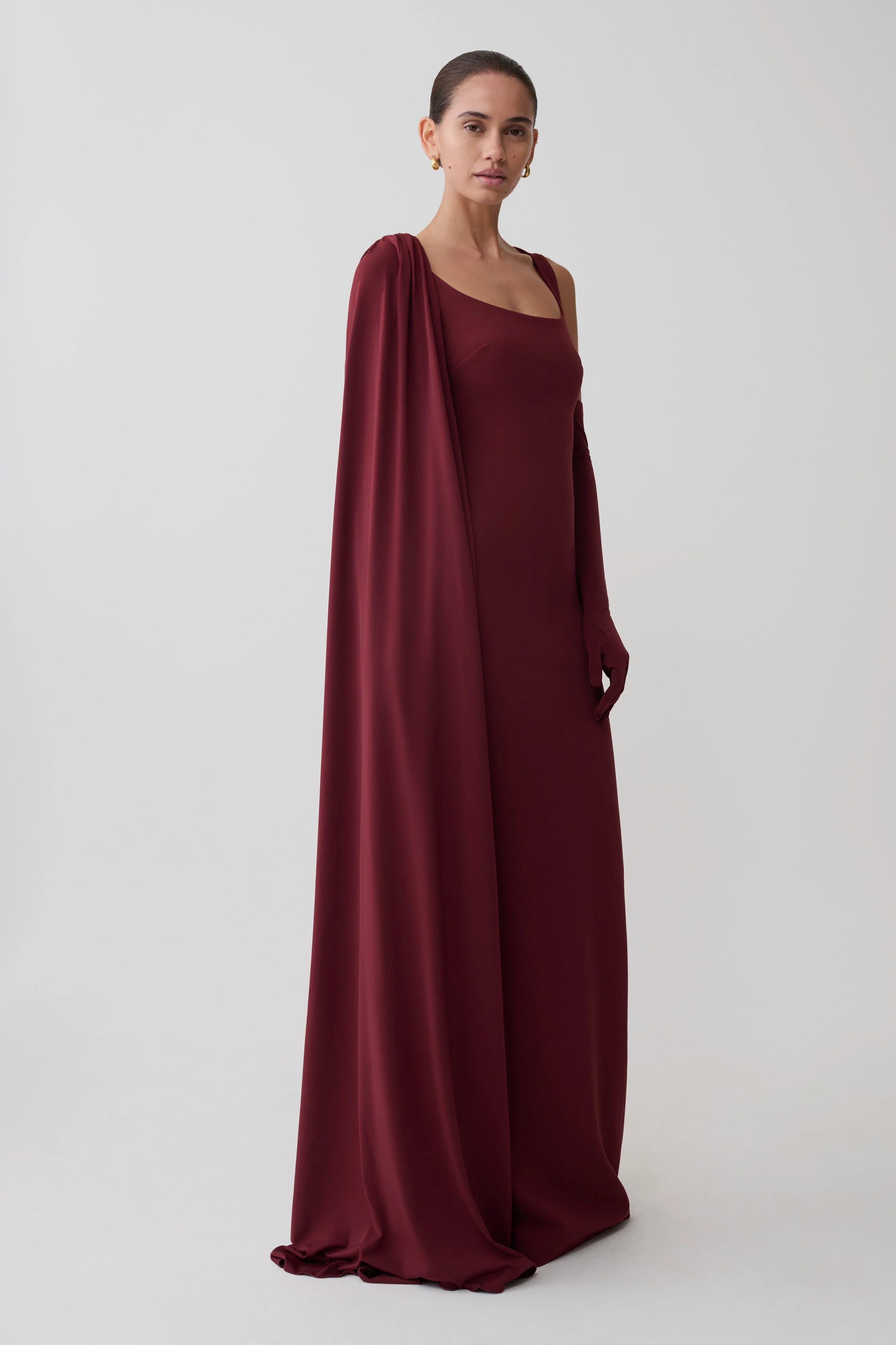 Rhea Detachable Cape Jersey Maxi Dress - Wine - Image 3