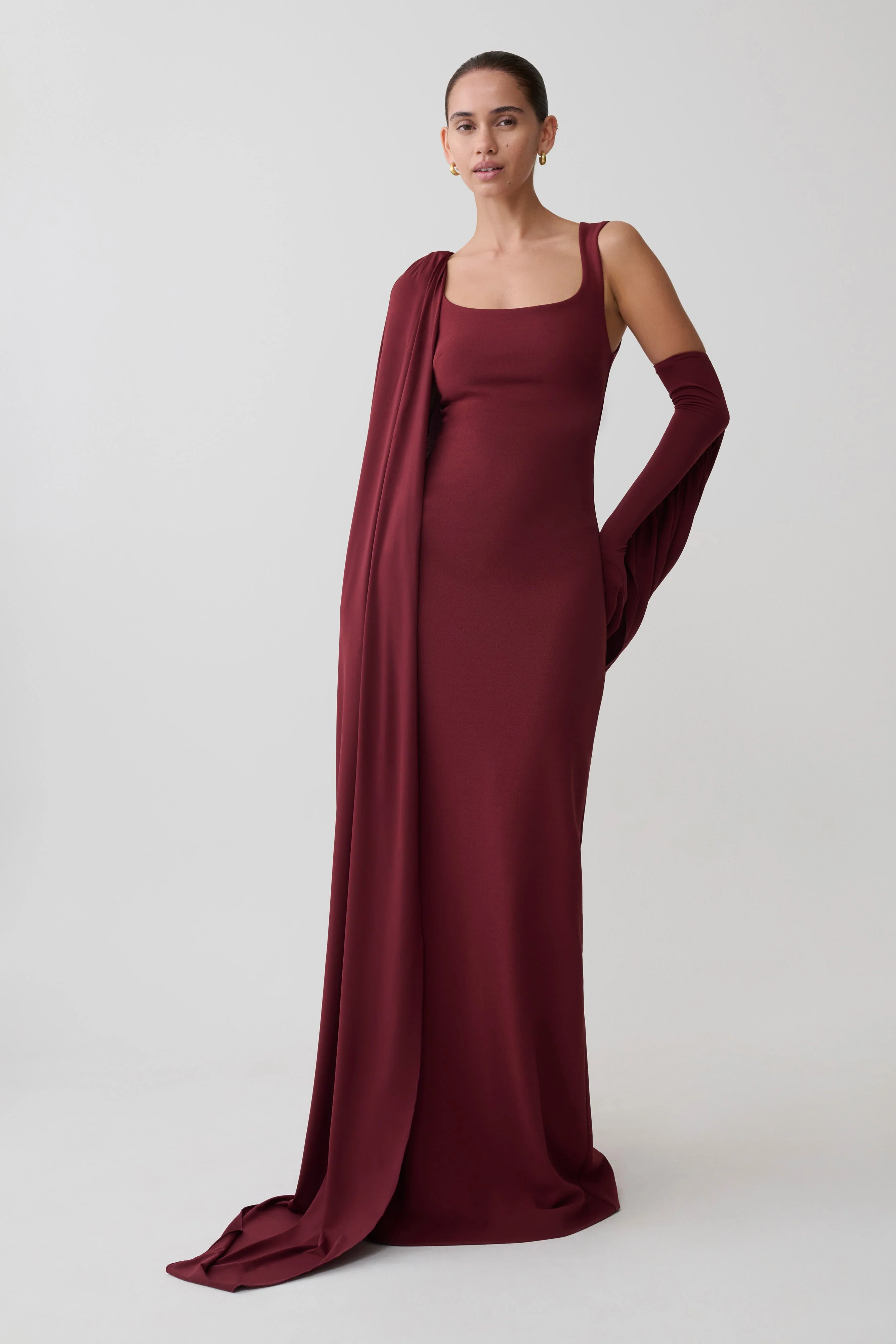 Rhea Detachable Cape Jersey Maxi Dress - Wine - Image 4