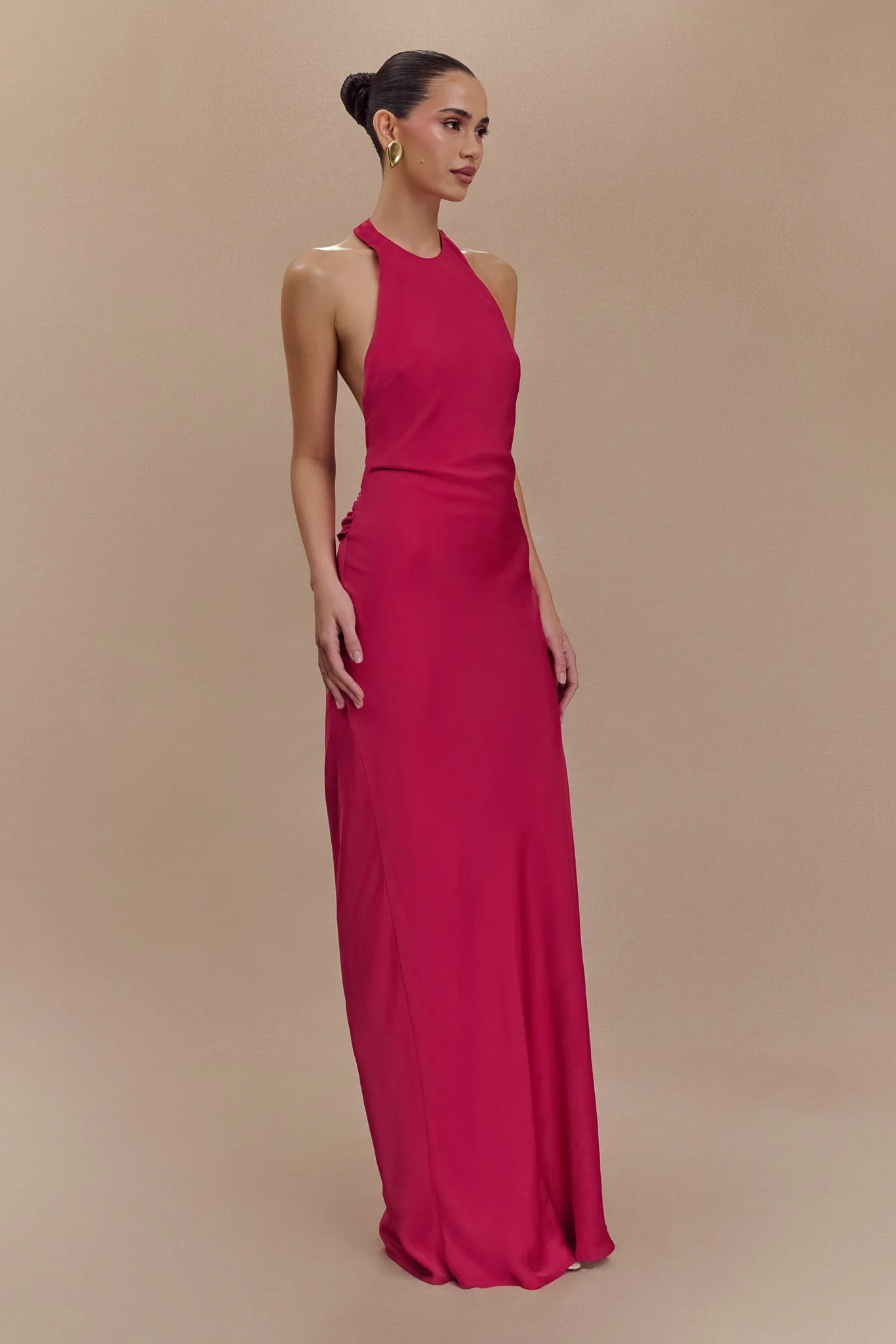 Rinna Satin Halter Maxi Dress - Pink Cherry - Image 3