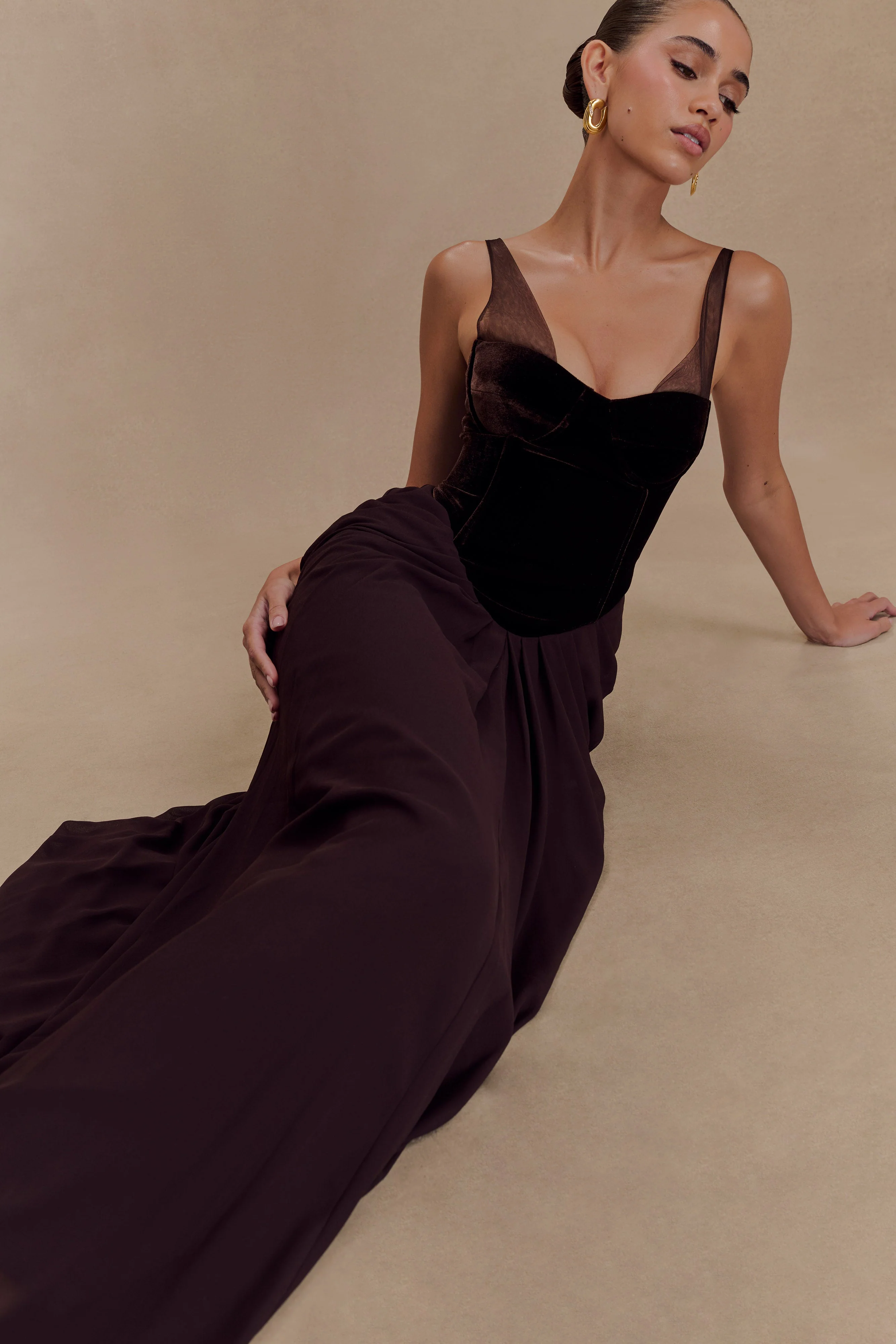 Roxanne Velvet Corset Maxi Dress - Cacao Brown - Image 3