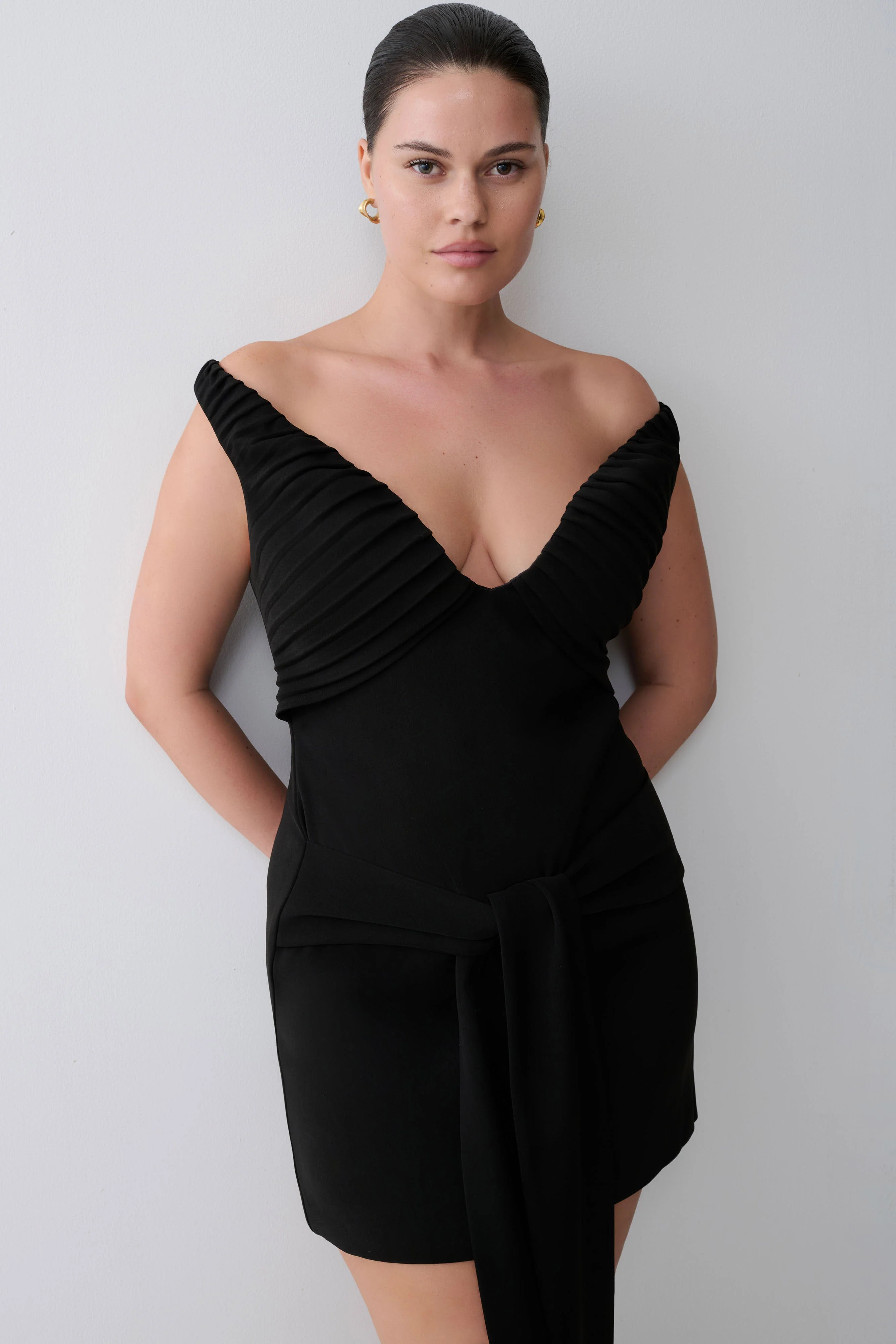 Runa Off Shoulder Mini Dress With Waist Tie - Black - Image 4