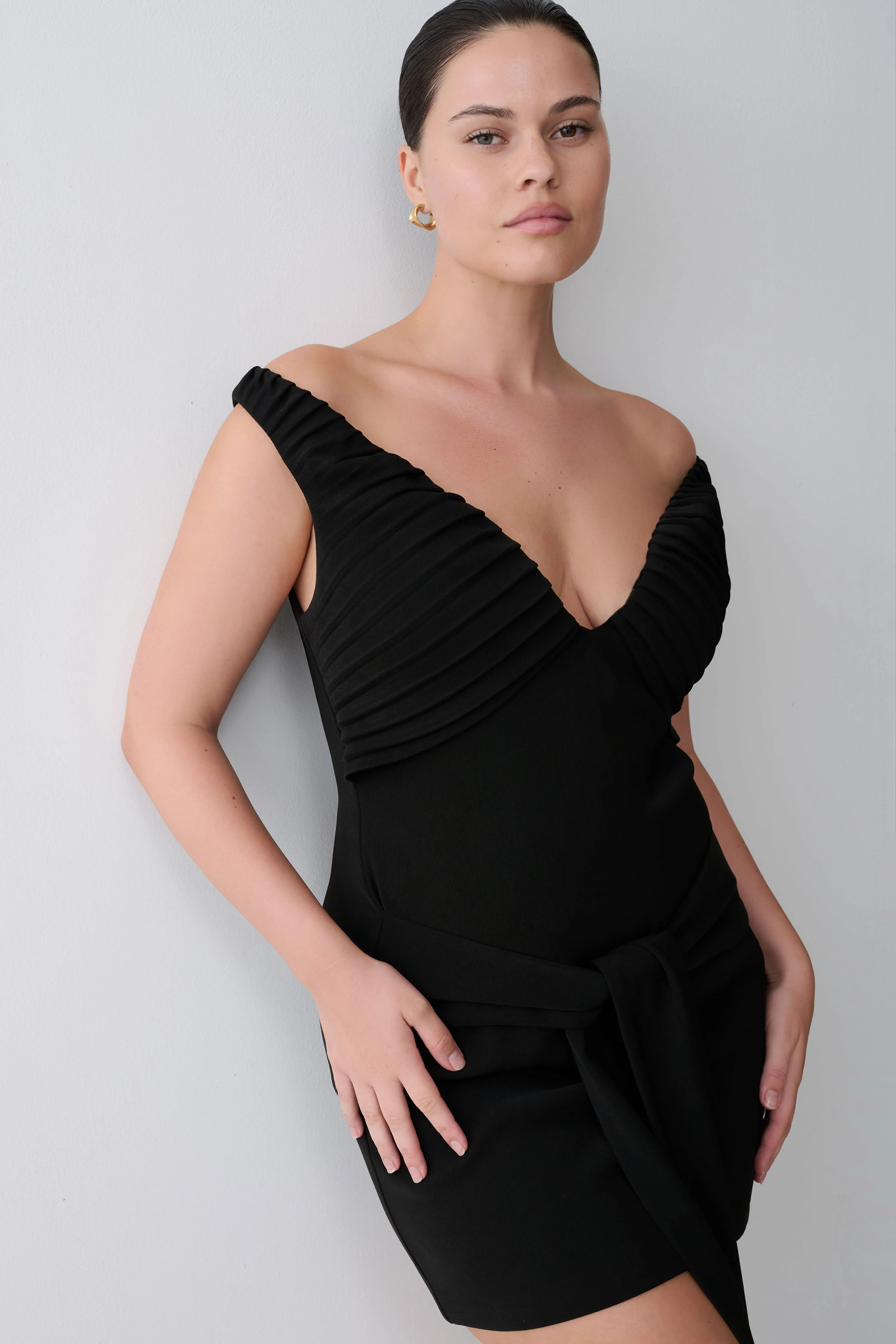 Runa Off Shoulder Mini Dress With Waist Tie - Black - Image 5