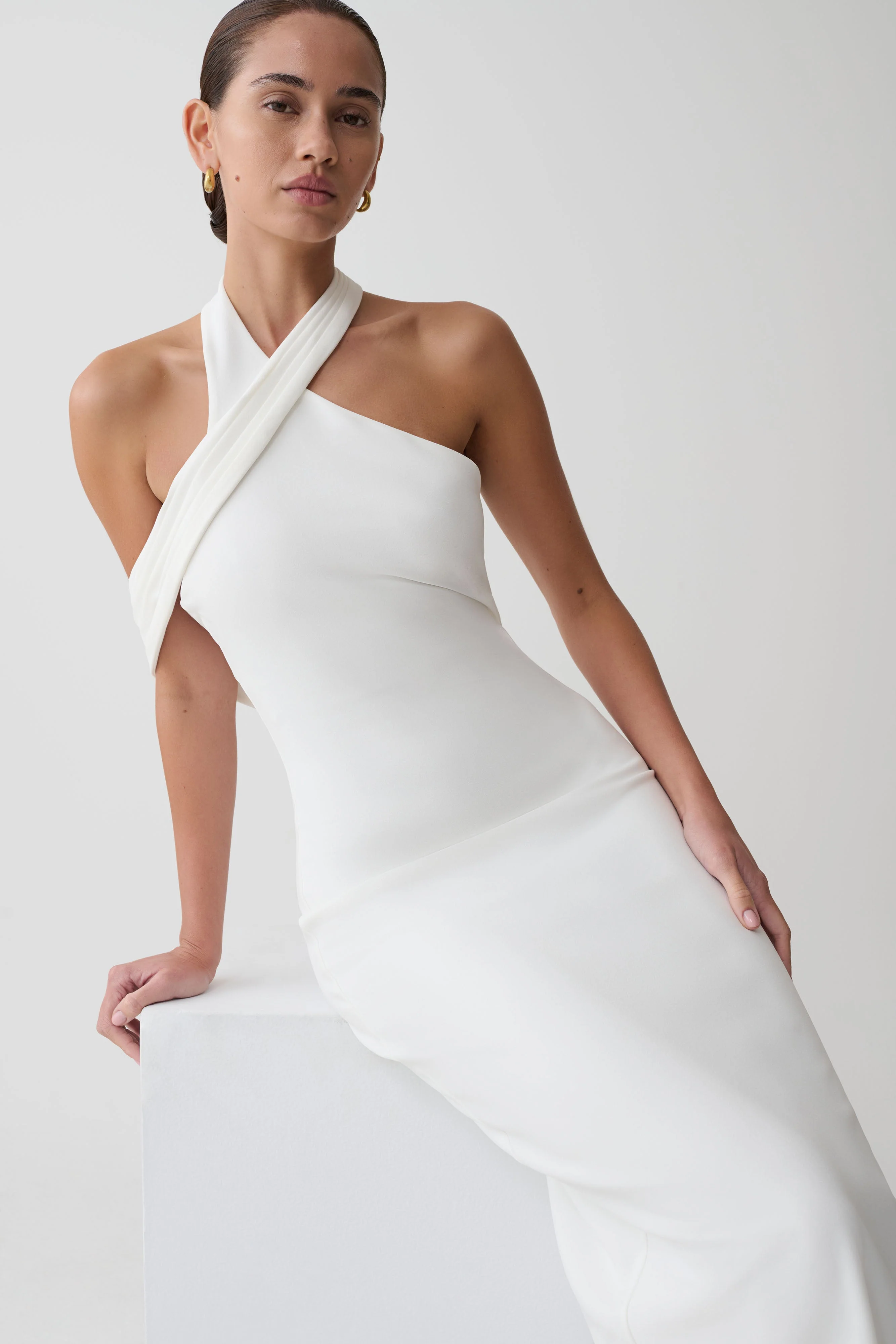 Sable Crossover Crepe Midi Dress - White - Image 3