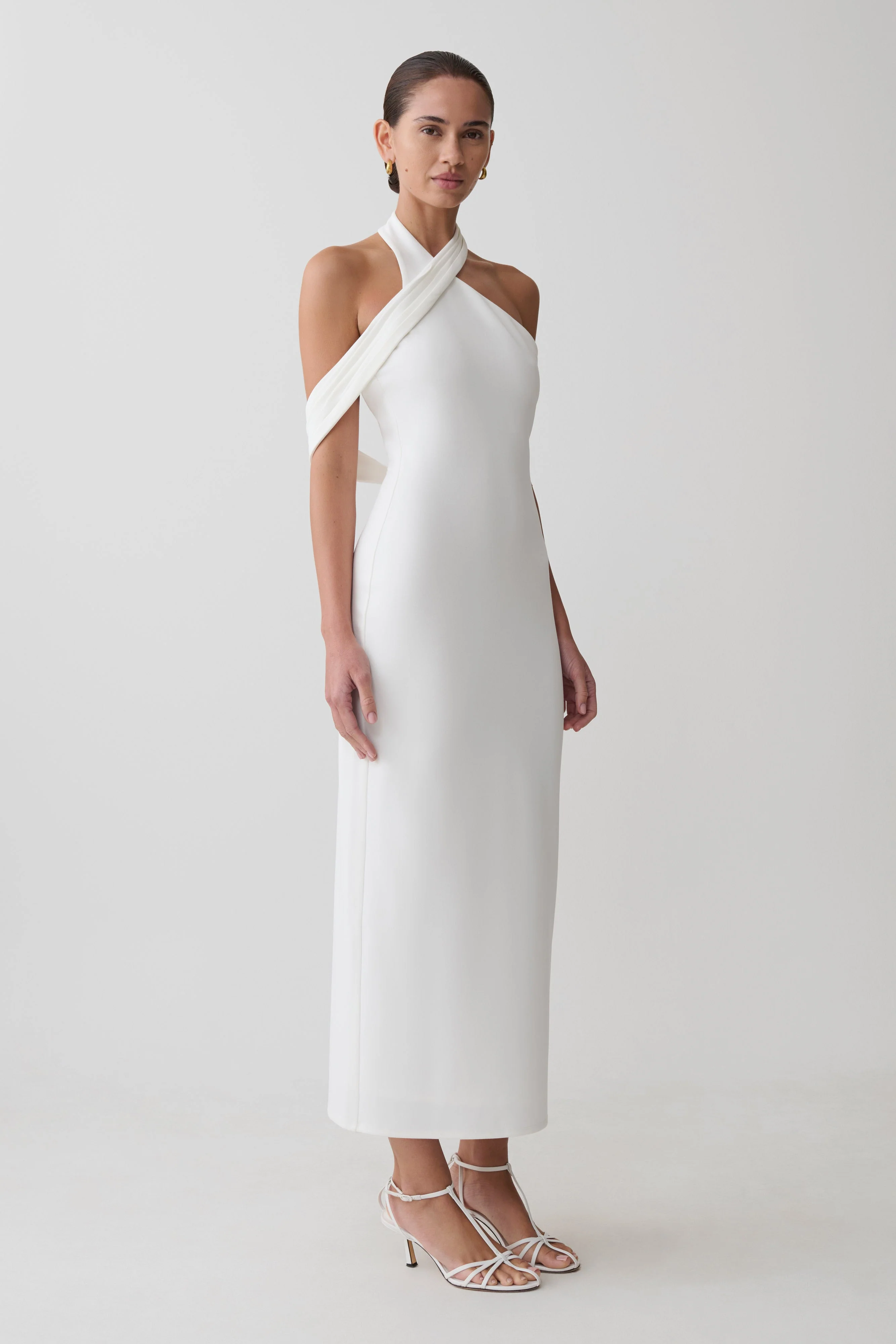 Sable Crossover Crepe Midi Dress - White - Image 4