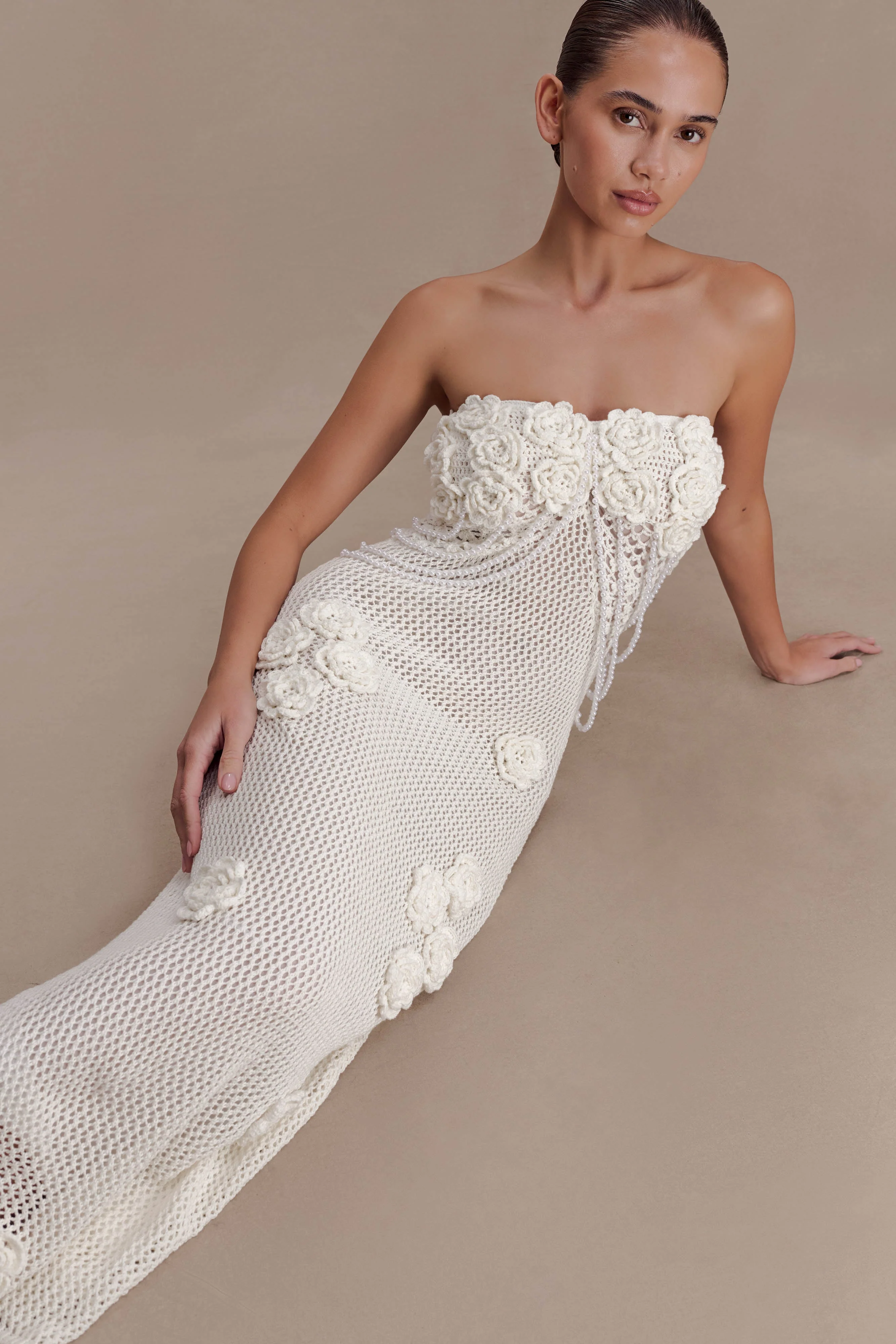 Samantha Crochet Midi Dress With Flowers - Ivory - Image 3