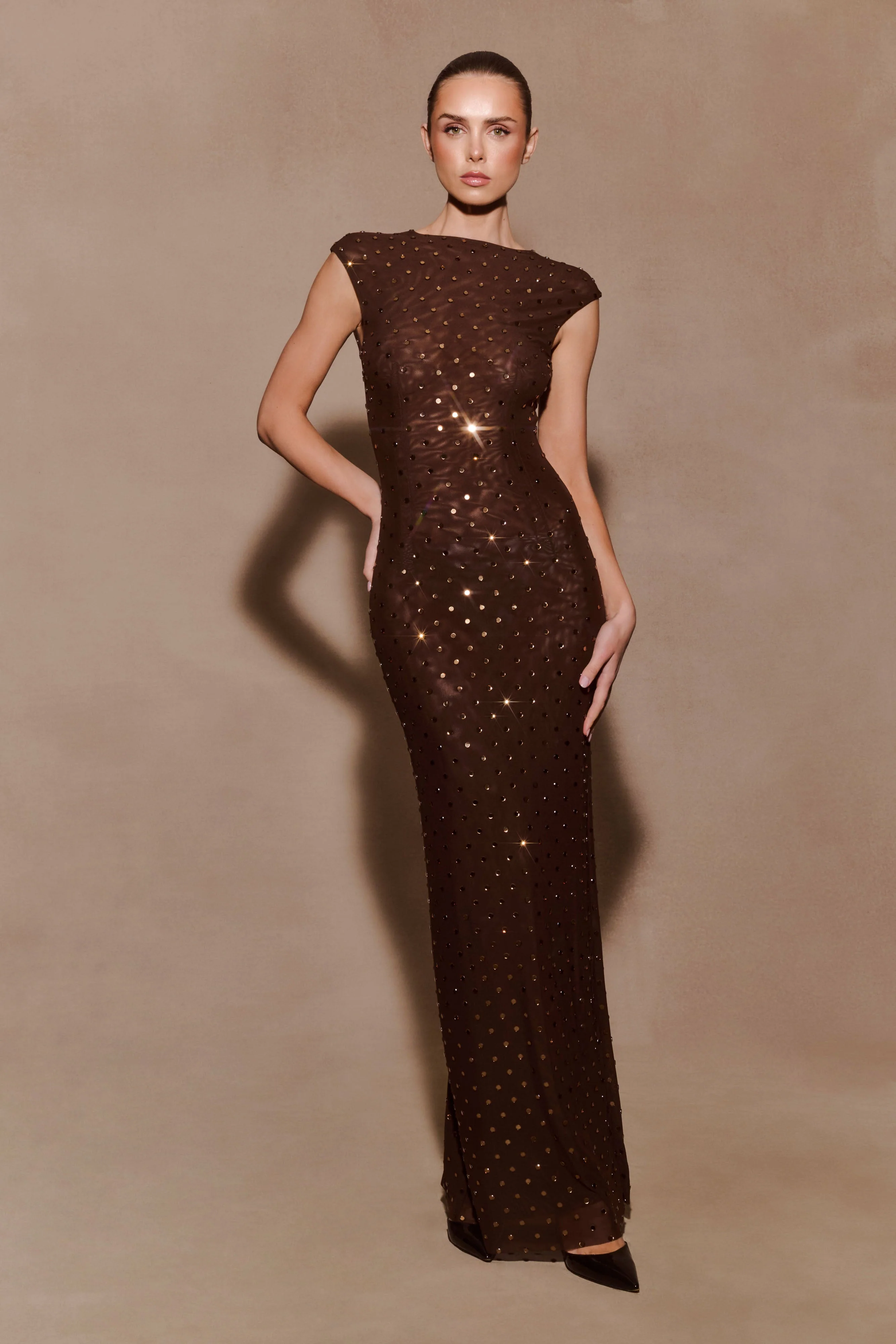 Samara Sleeveless Diamante Maxi Dress - Chocolate - Image 8