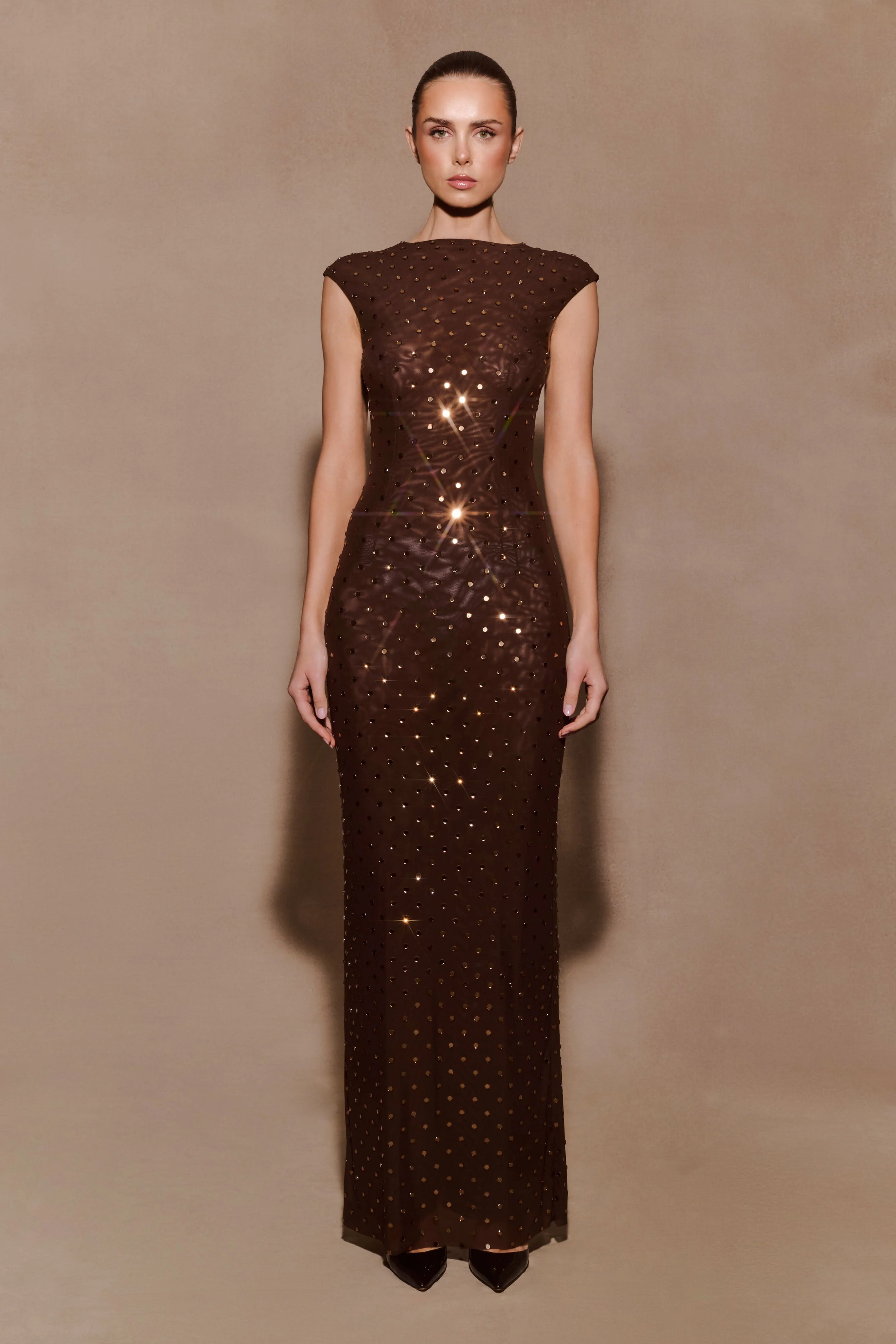 Samara Sleeveless Diamante Maxi Dress - Chocolate - Image 9