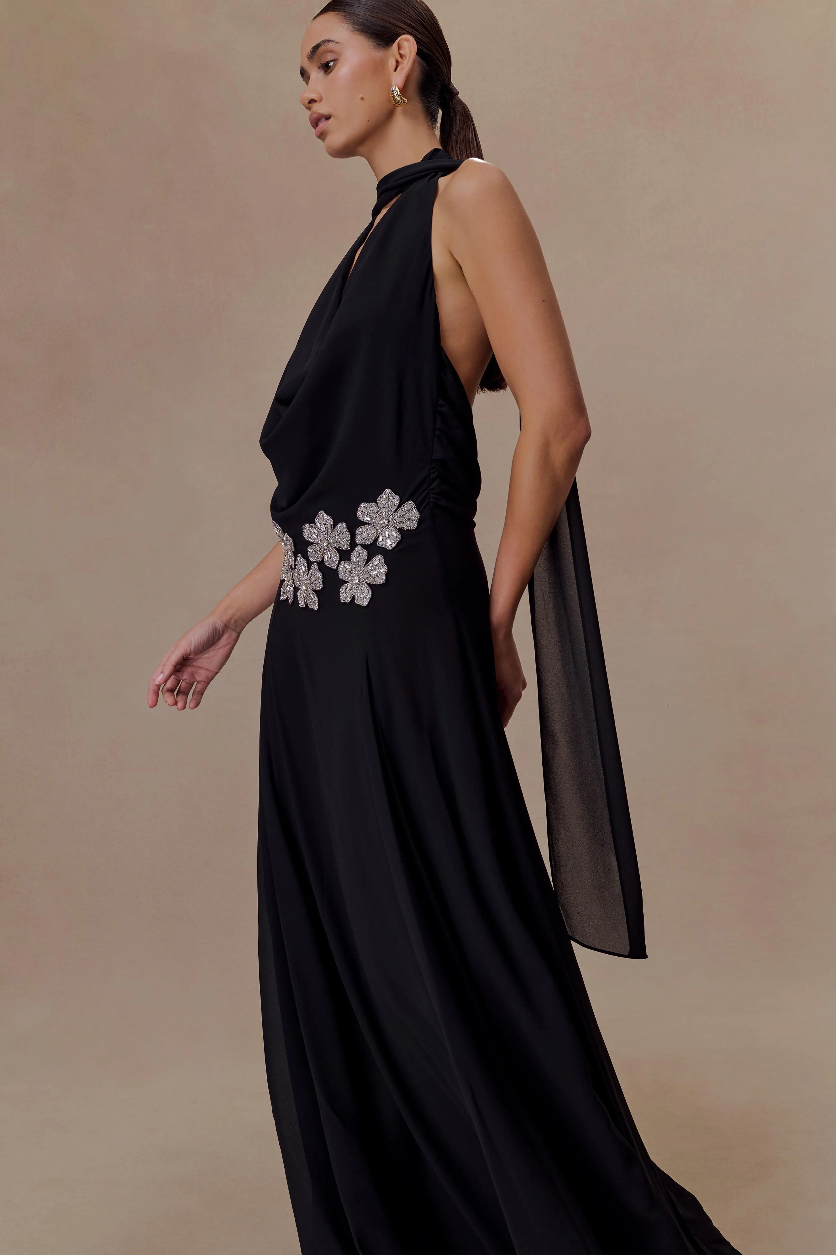 Santal Floral Chiffon Halter Maxi Dress - Black - Image 3