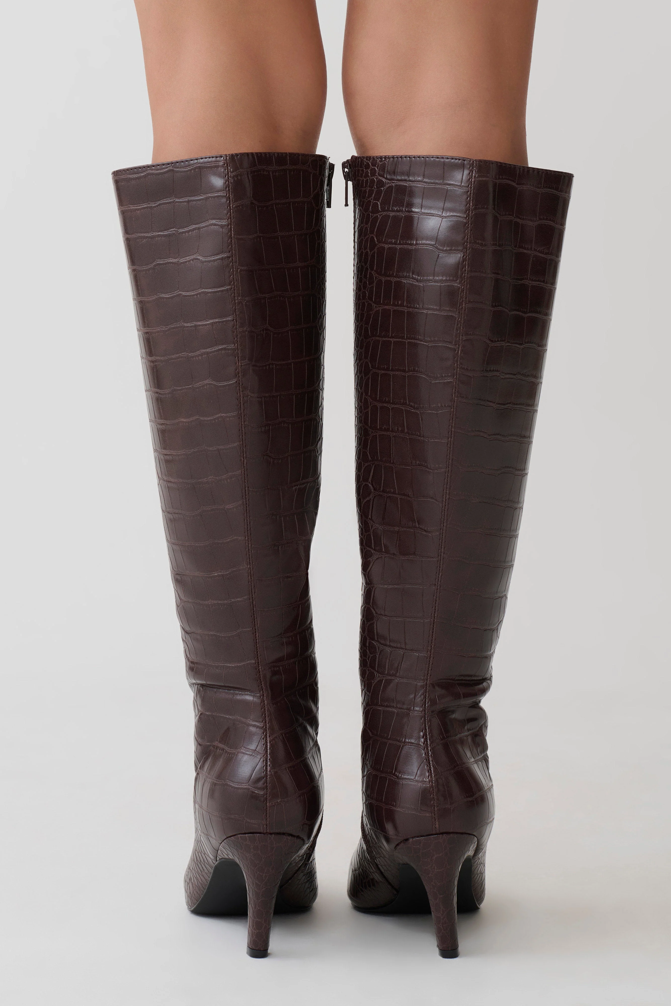 Sarah Faux Leather Crocodile Boot - Chocolate - Image 2
