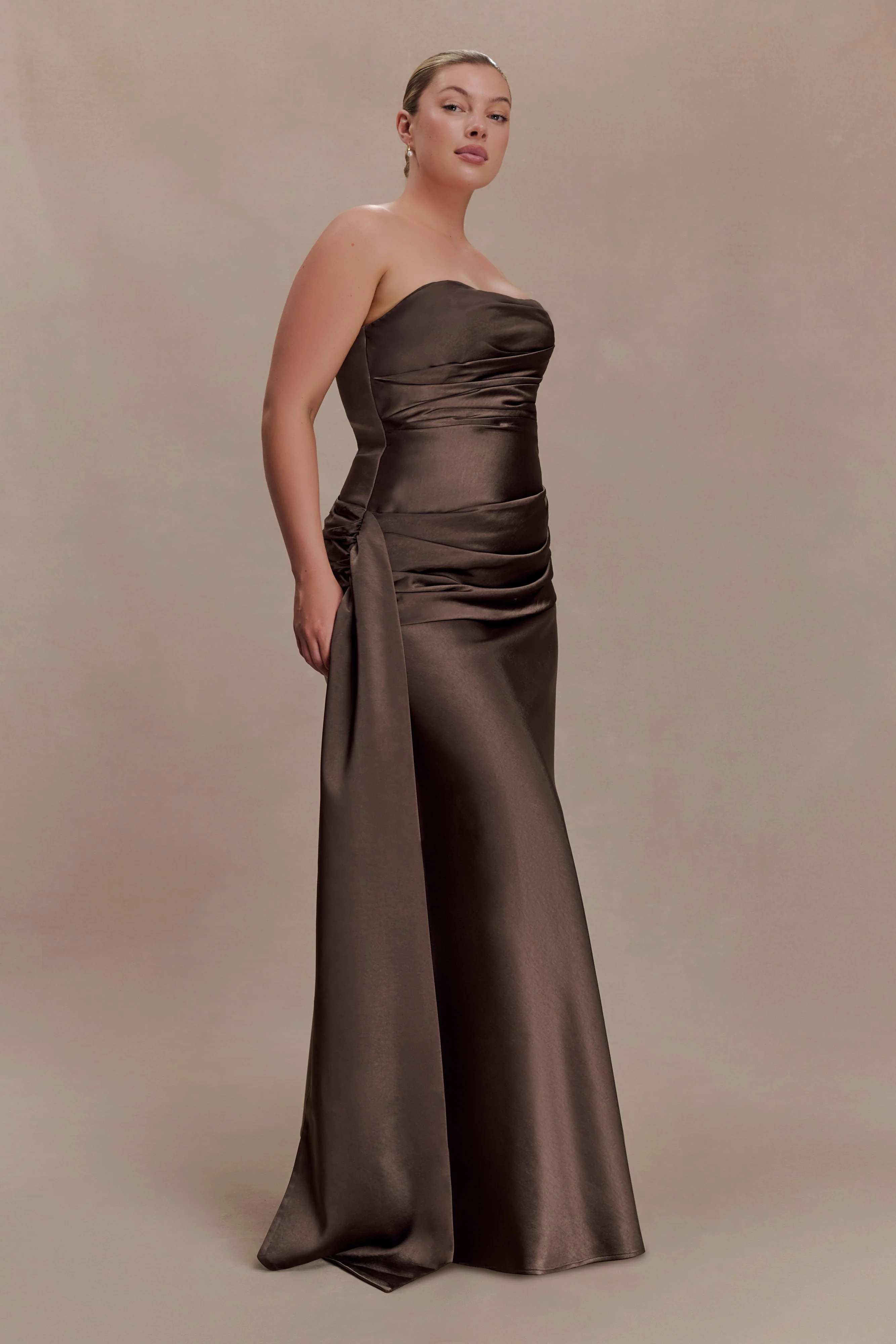 Sarah Strapless Maxi Dress With Waist Tie - Mocha - Image 2