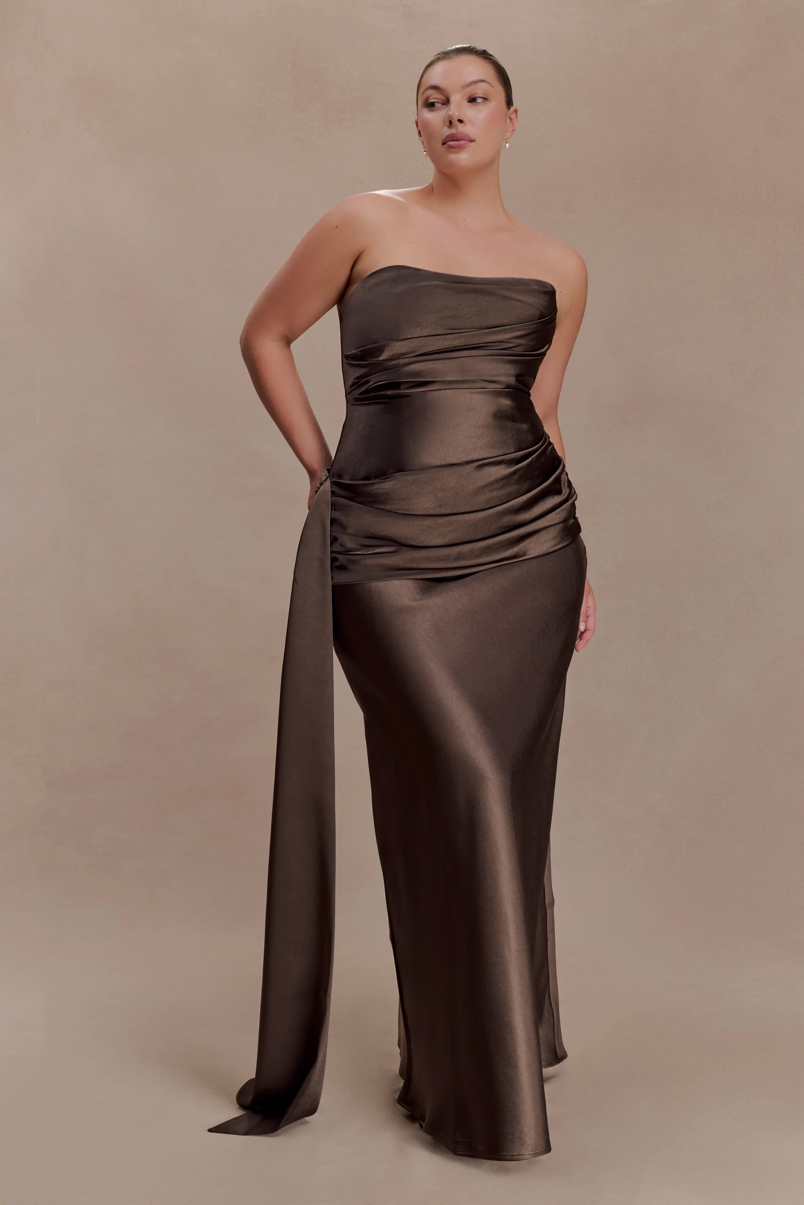 Sarah Strapless Maxi Dress With Waist Tie - Mocha - Image 4