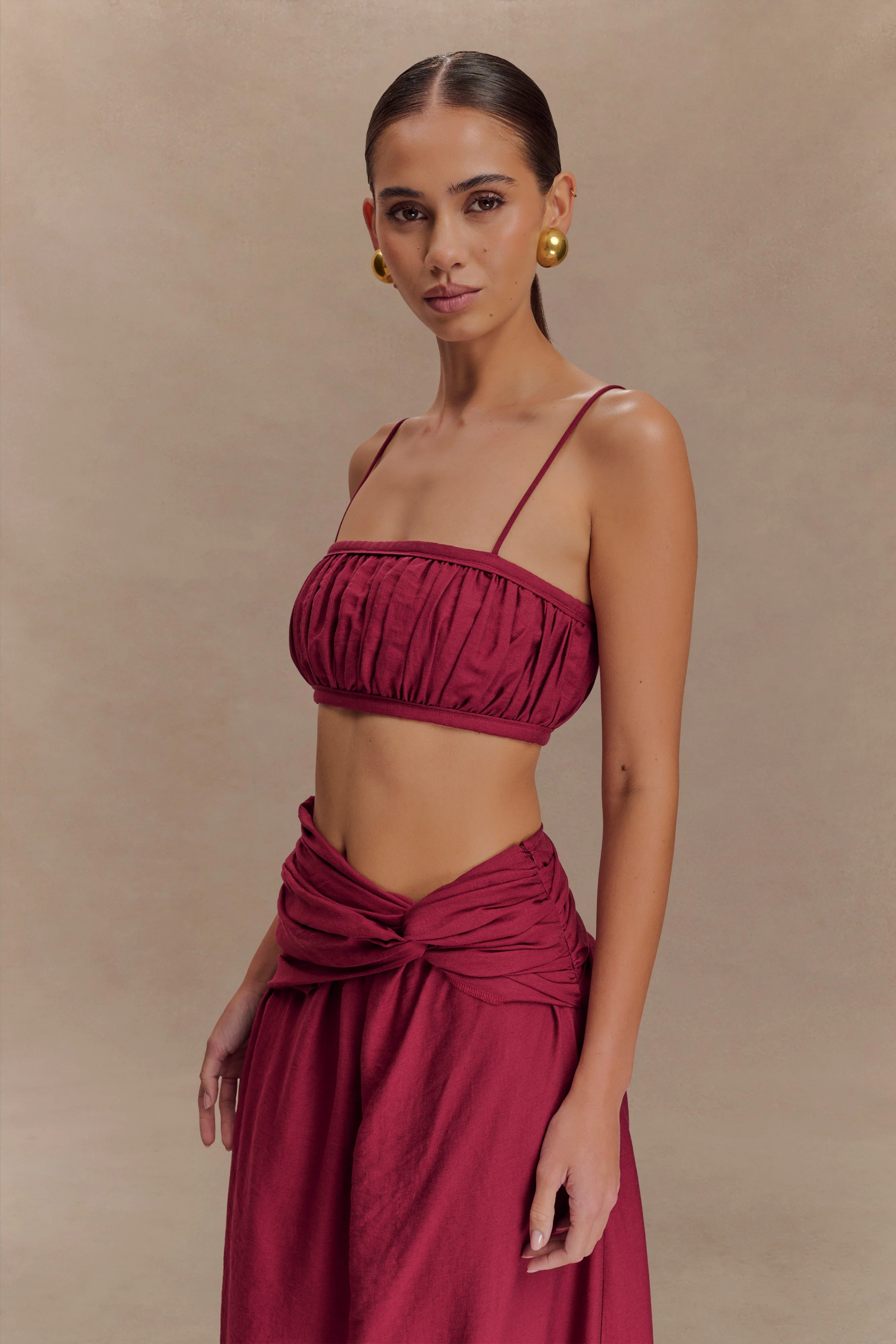 Scottie Shirred Linen Bandeau - Wine - Image 2