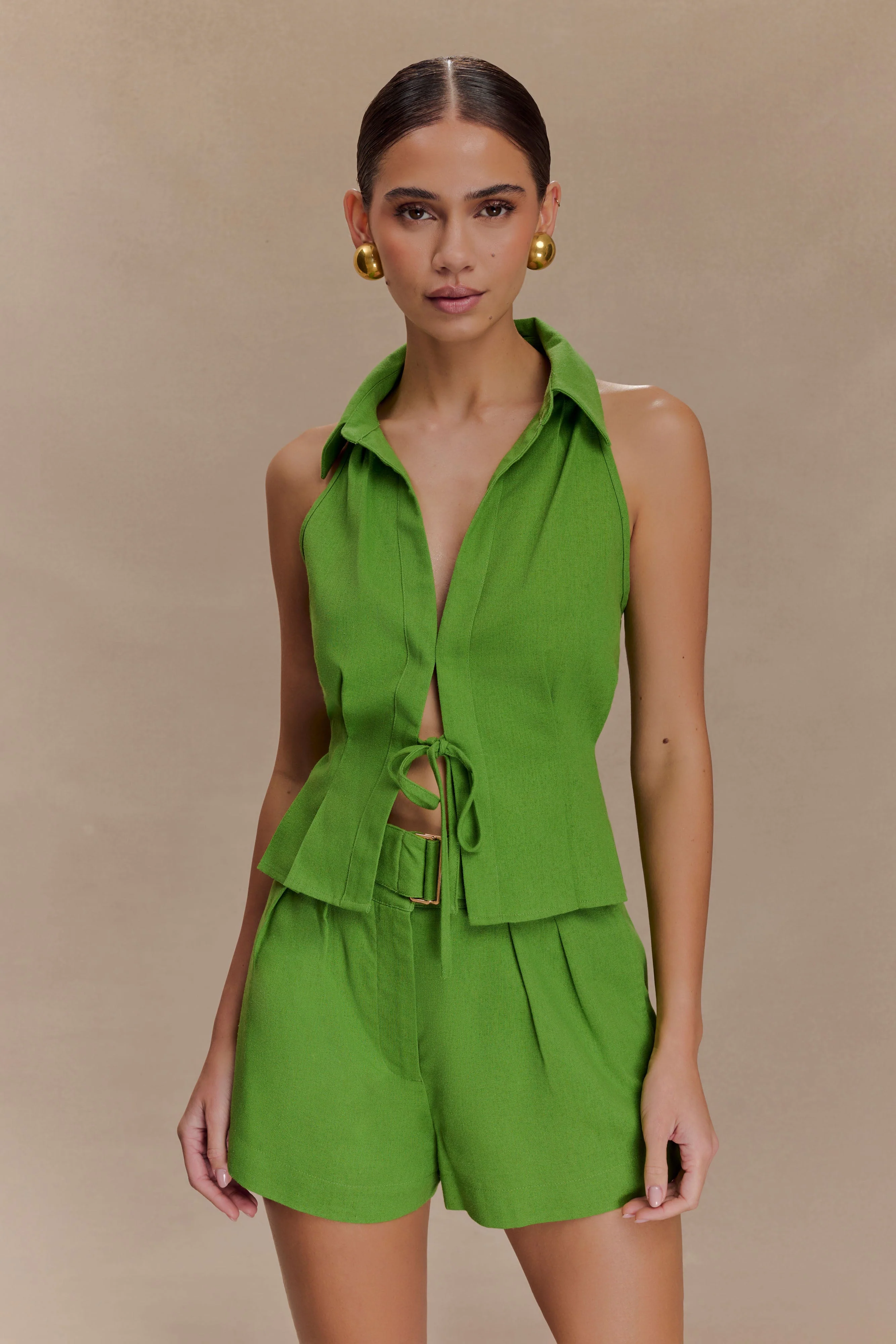 Scout Linen Belted Shorts - Green - Image 3