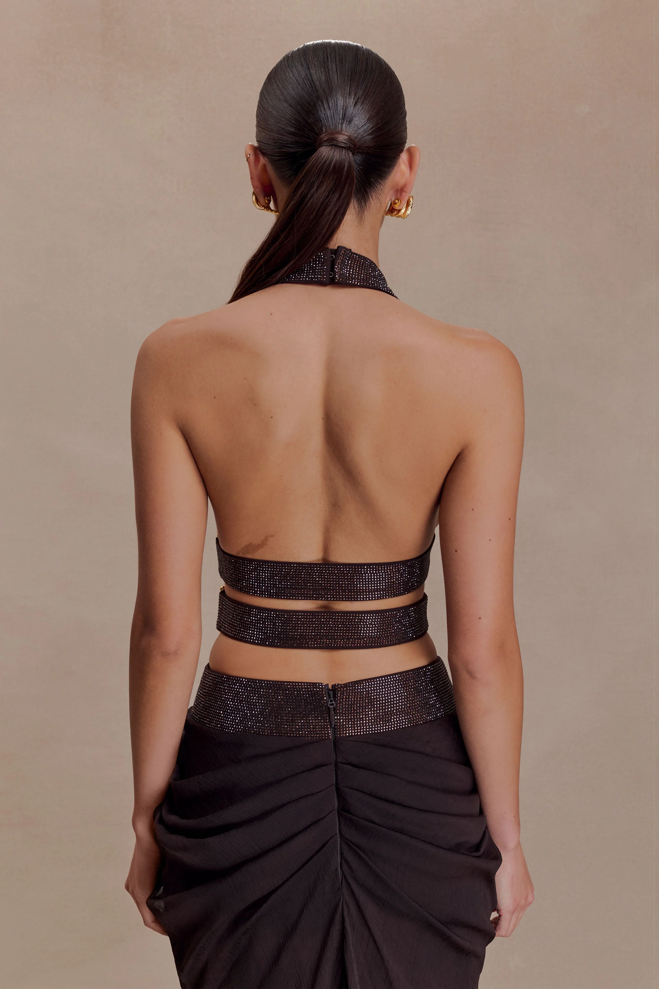 Siren Satin And Diamante Halter Top - Dark Chocolate - Image 4