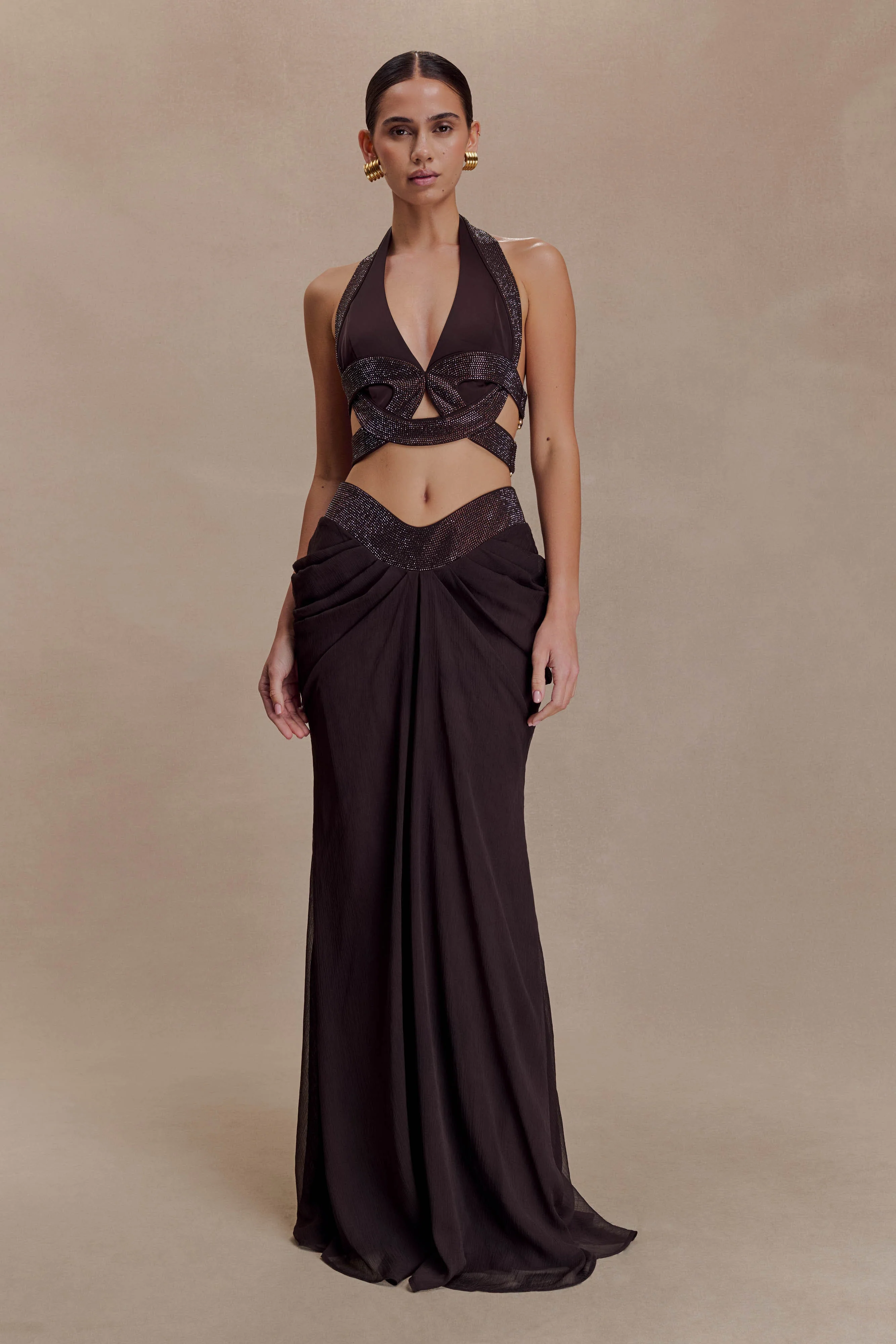 Siren Satin And Diamante Maxi Skirt - Dark Chocolate - Image 5