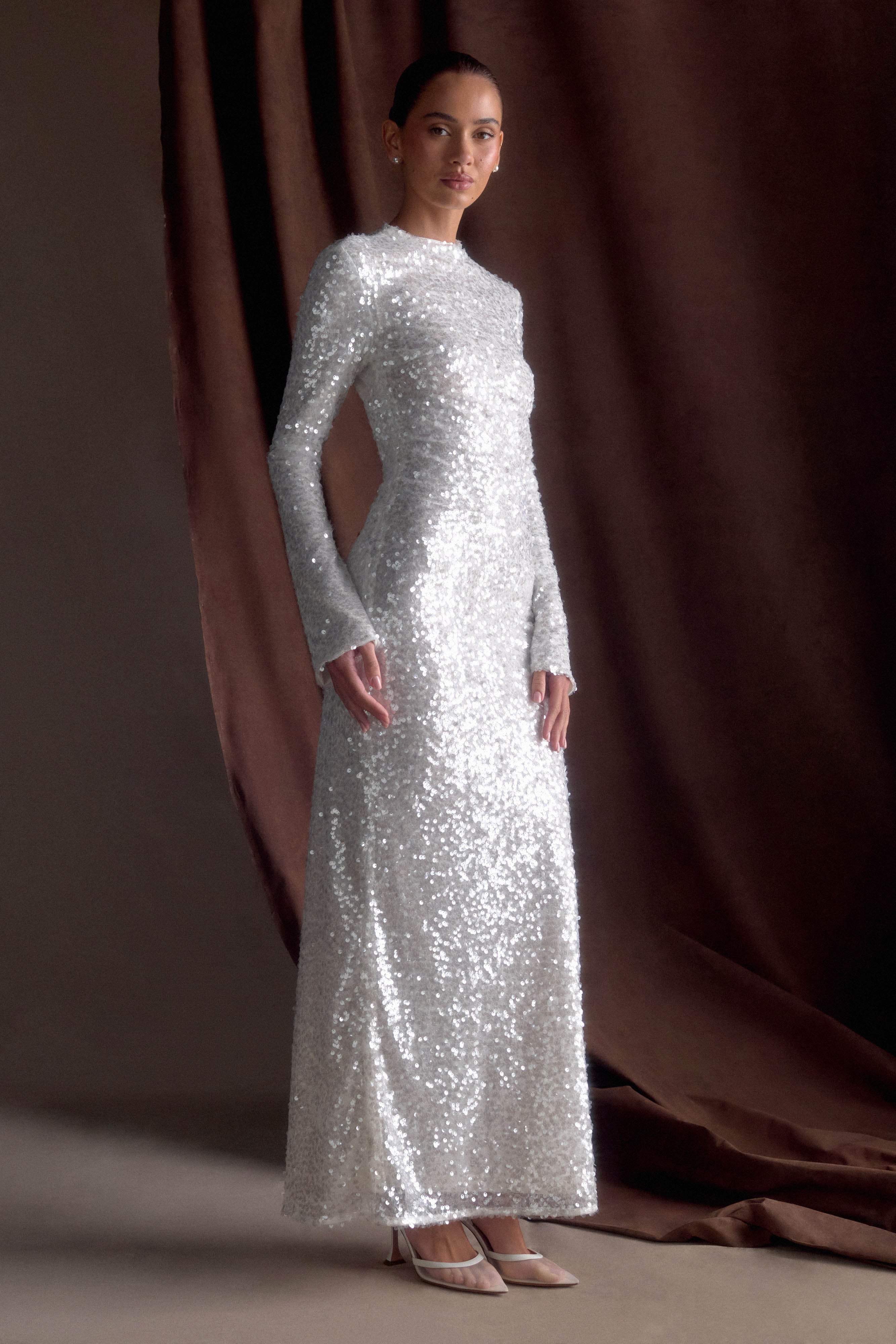 Sofia Long Sleeve Sequin Maxi Dress - White - Image 3