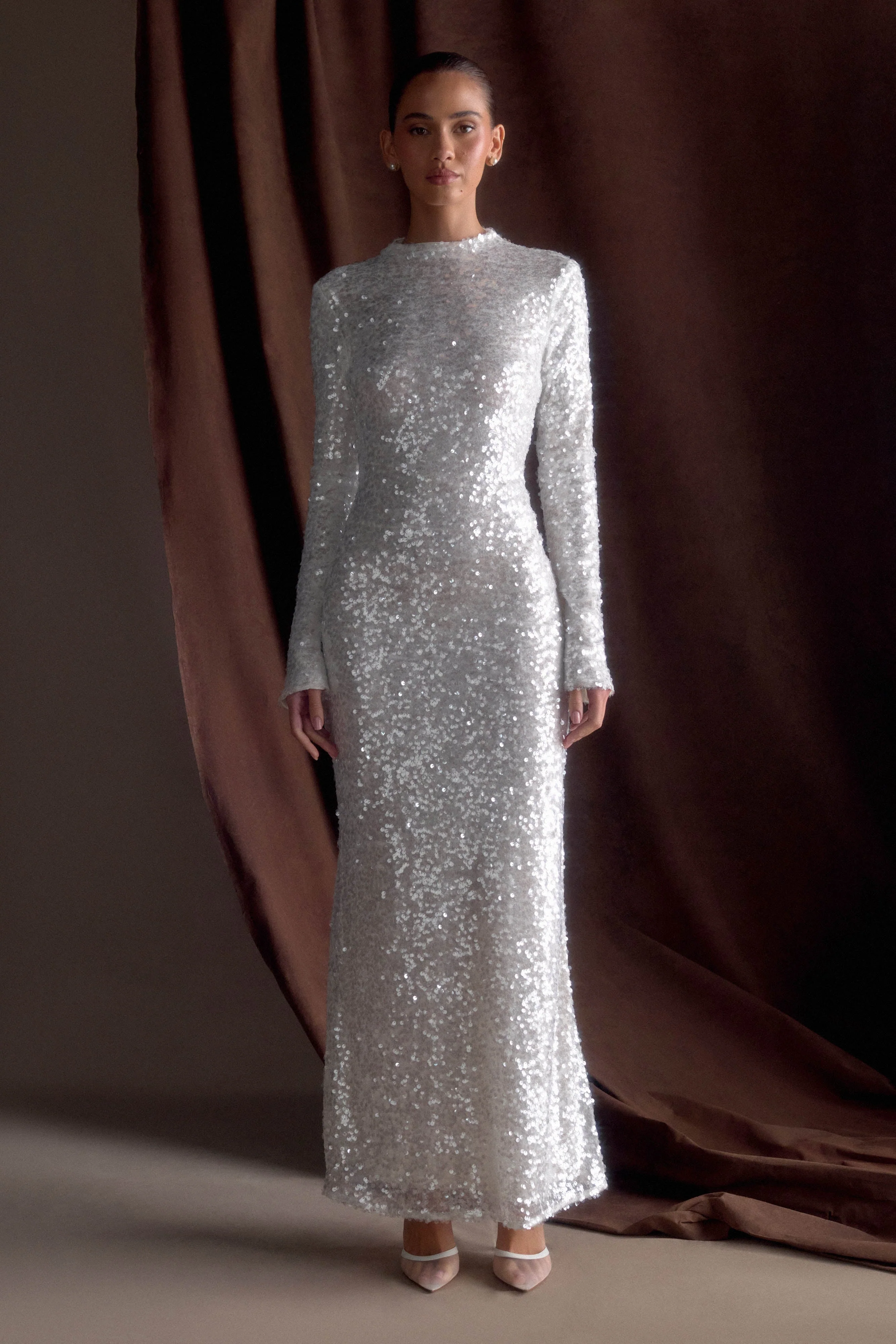 Sofia Long Sleeve Sequin Maxi Dress - White - Image 6