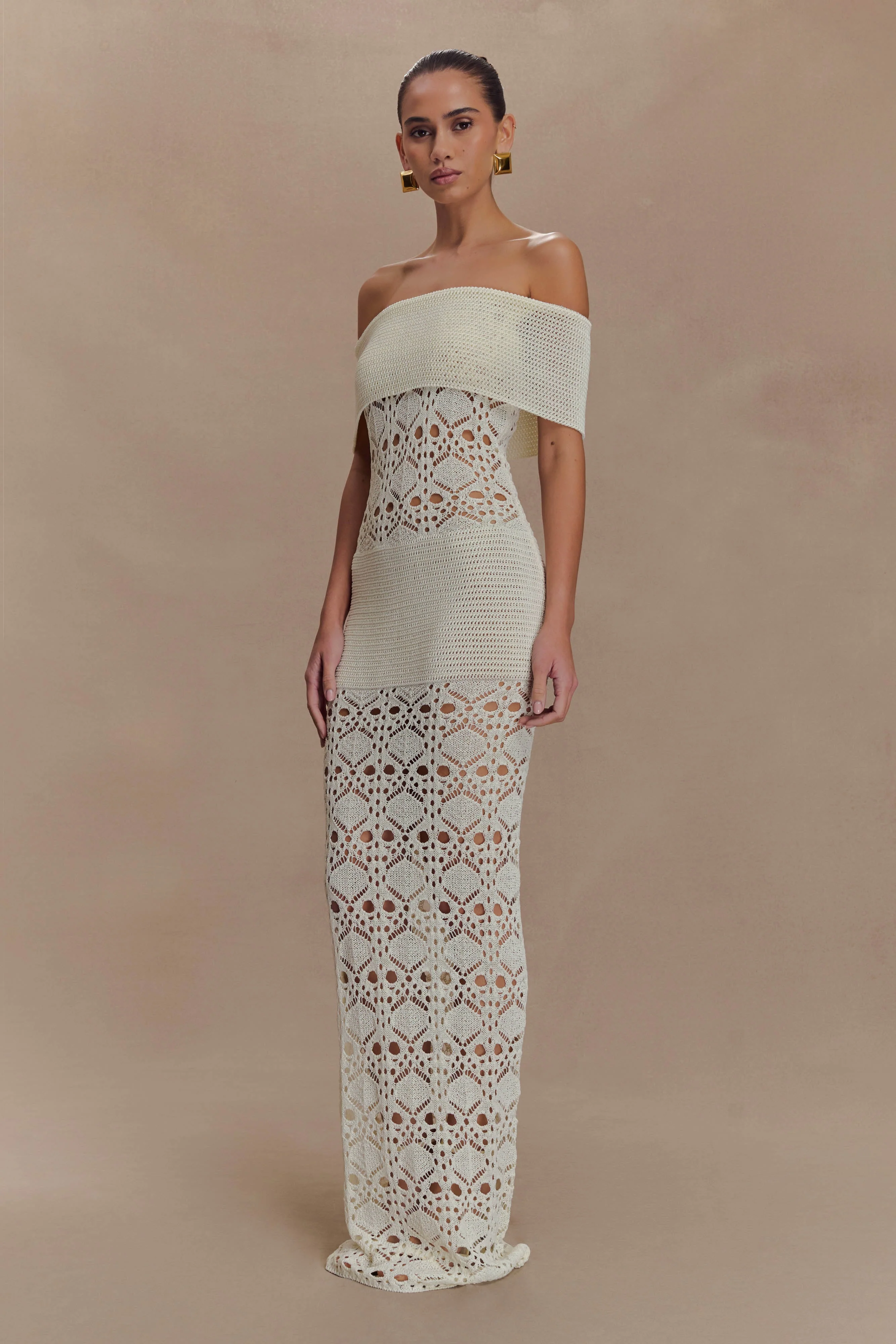 Solstice Off Shoulder Crochet Knit Maxi Dress - Ivory - Image 5