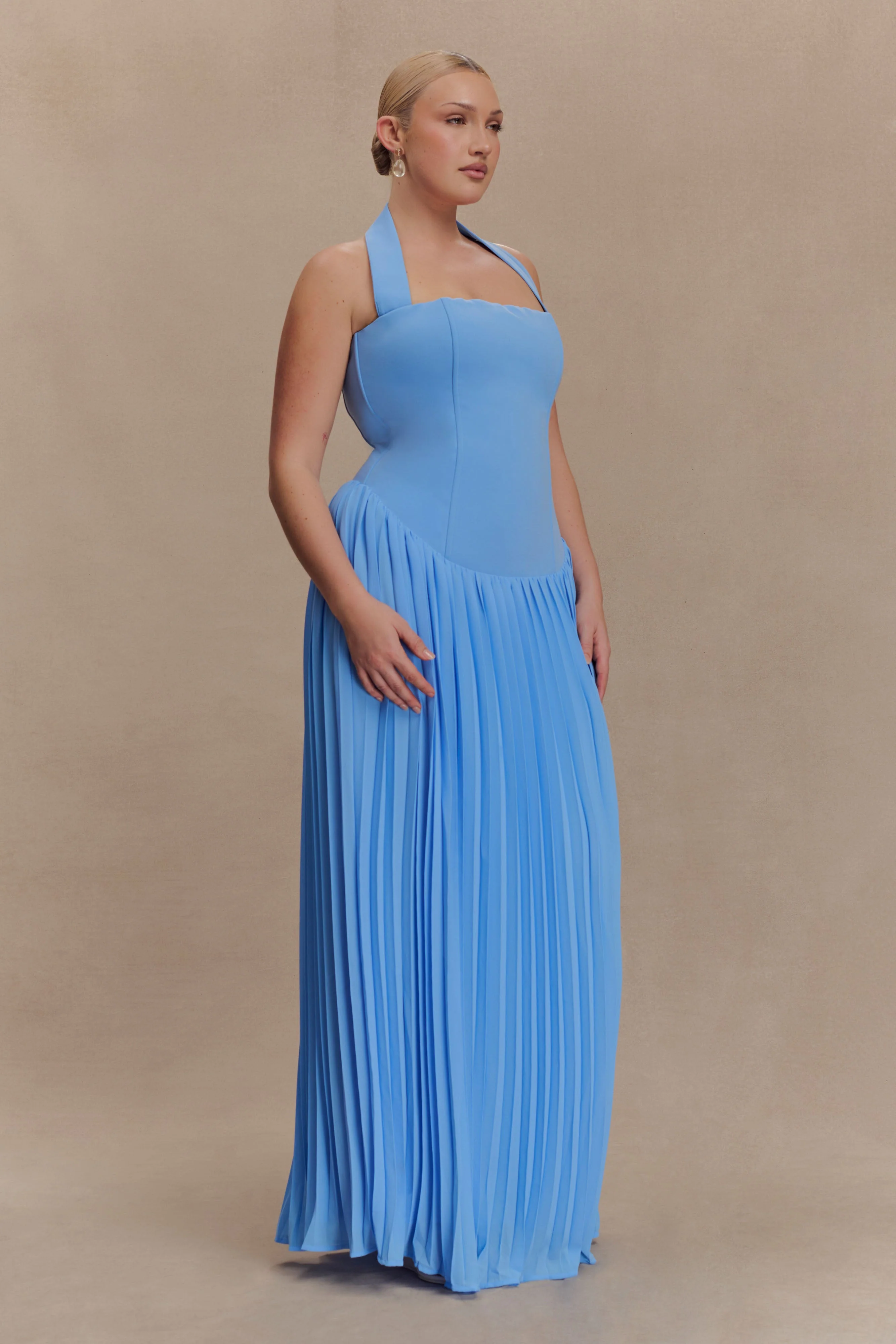 Stacie Pleated Halter Maxi Dress - Bright Blue - Image 5