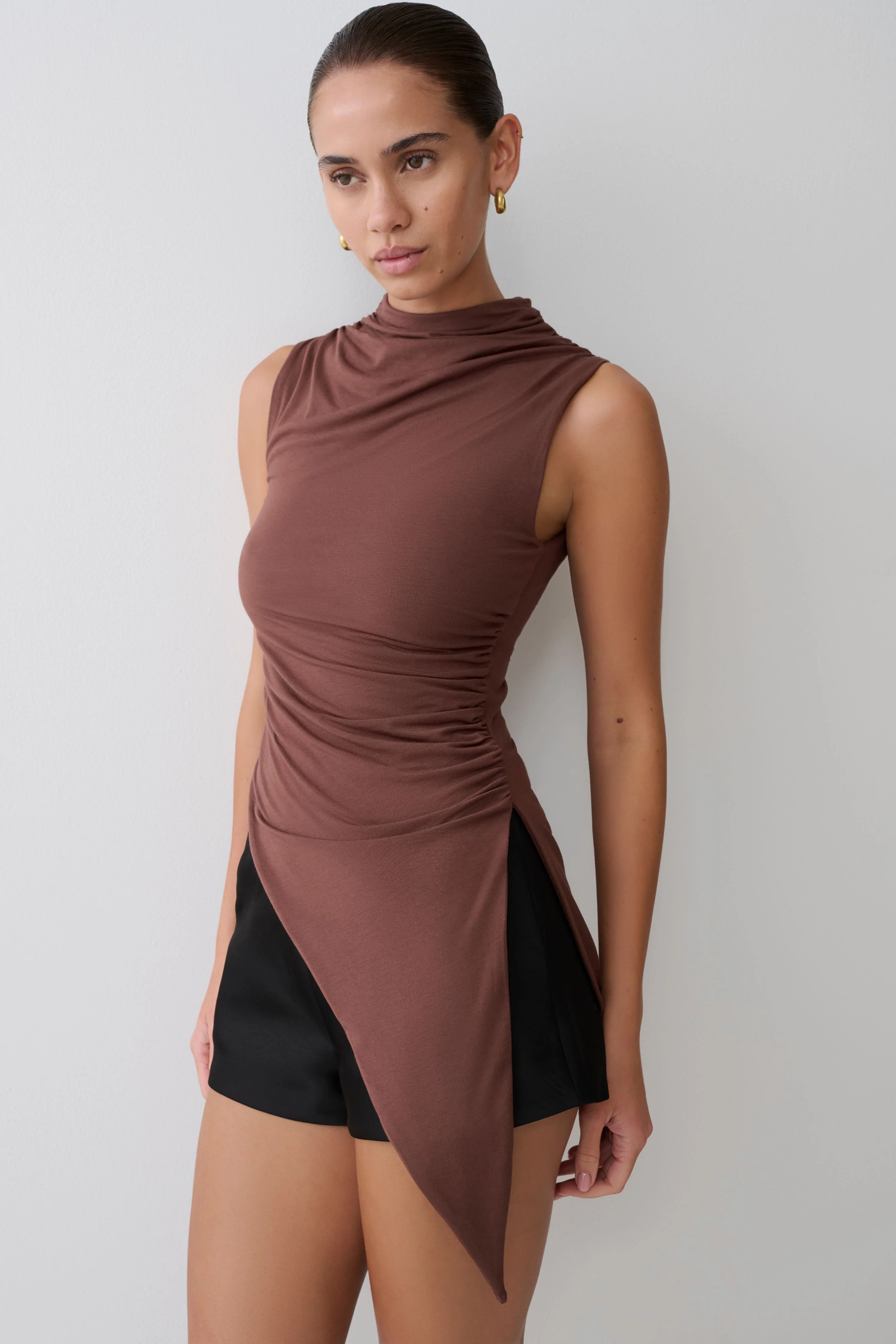 Suong High Neck Gathered Top - Mocha - Image 7