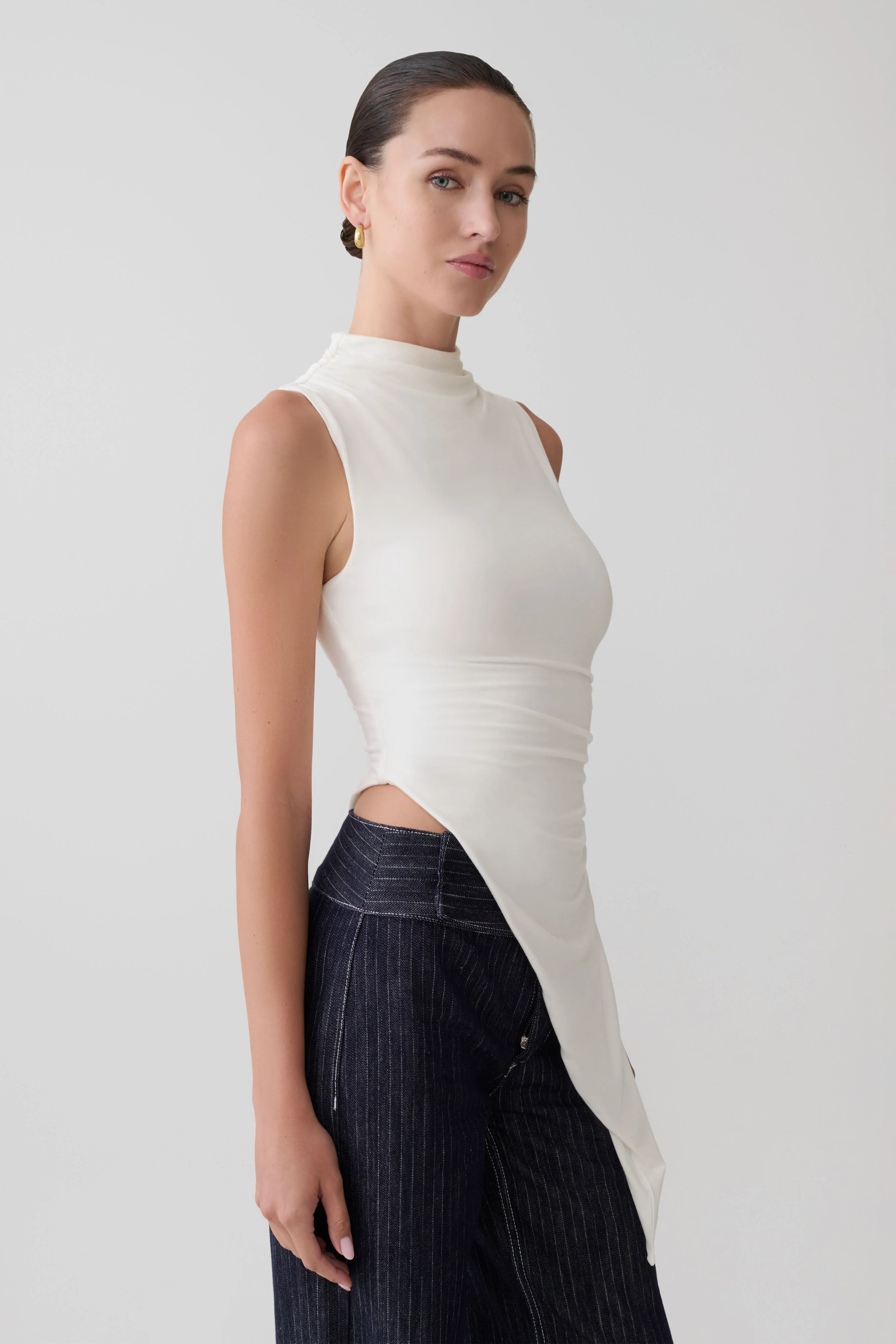 Suong High Neck Gathered Top - White - Image 3