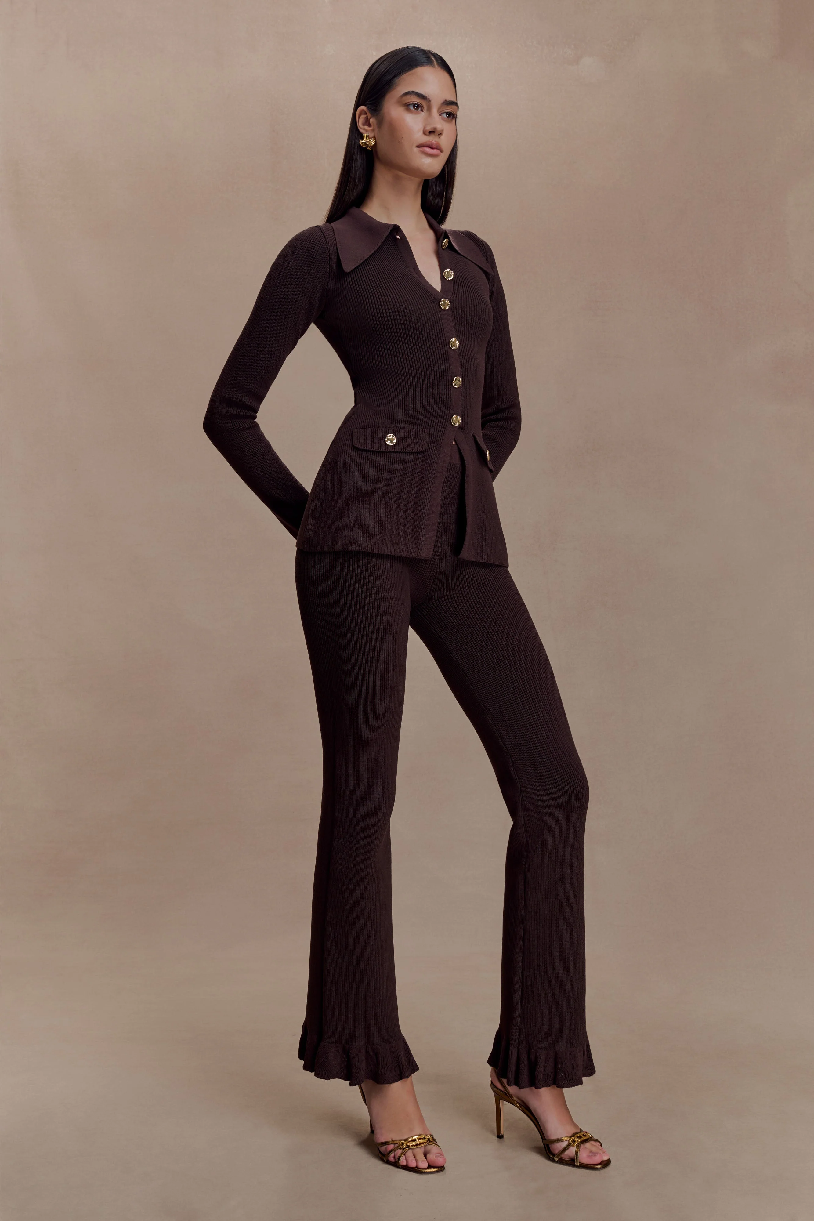 Suzie Ribbed Flared Pants - Chocolate - Image 3