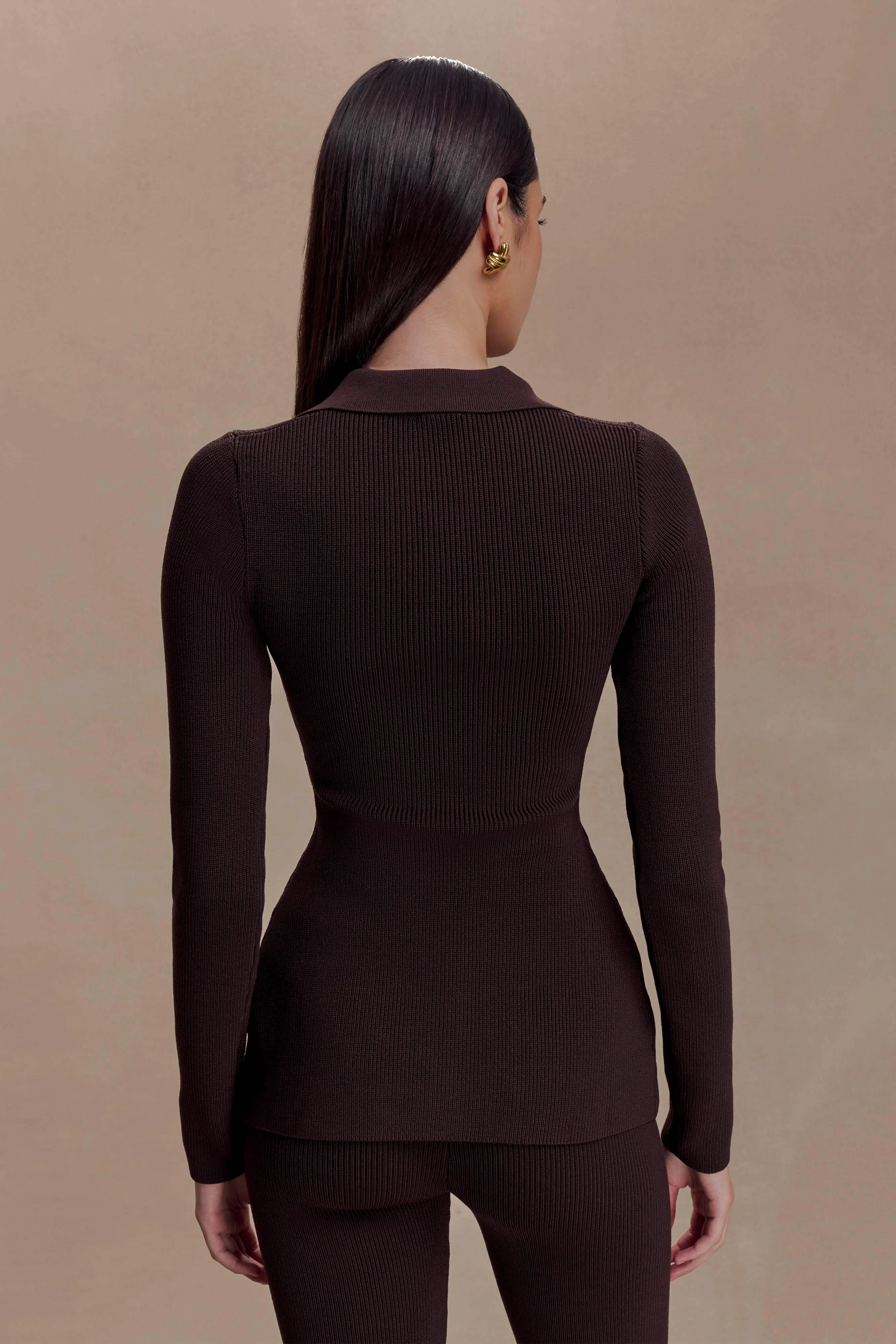 Suzie Ribbed Long Sleeve Longline Top - Chocolate - Image 3