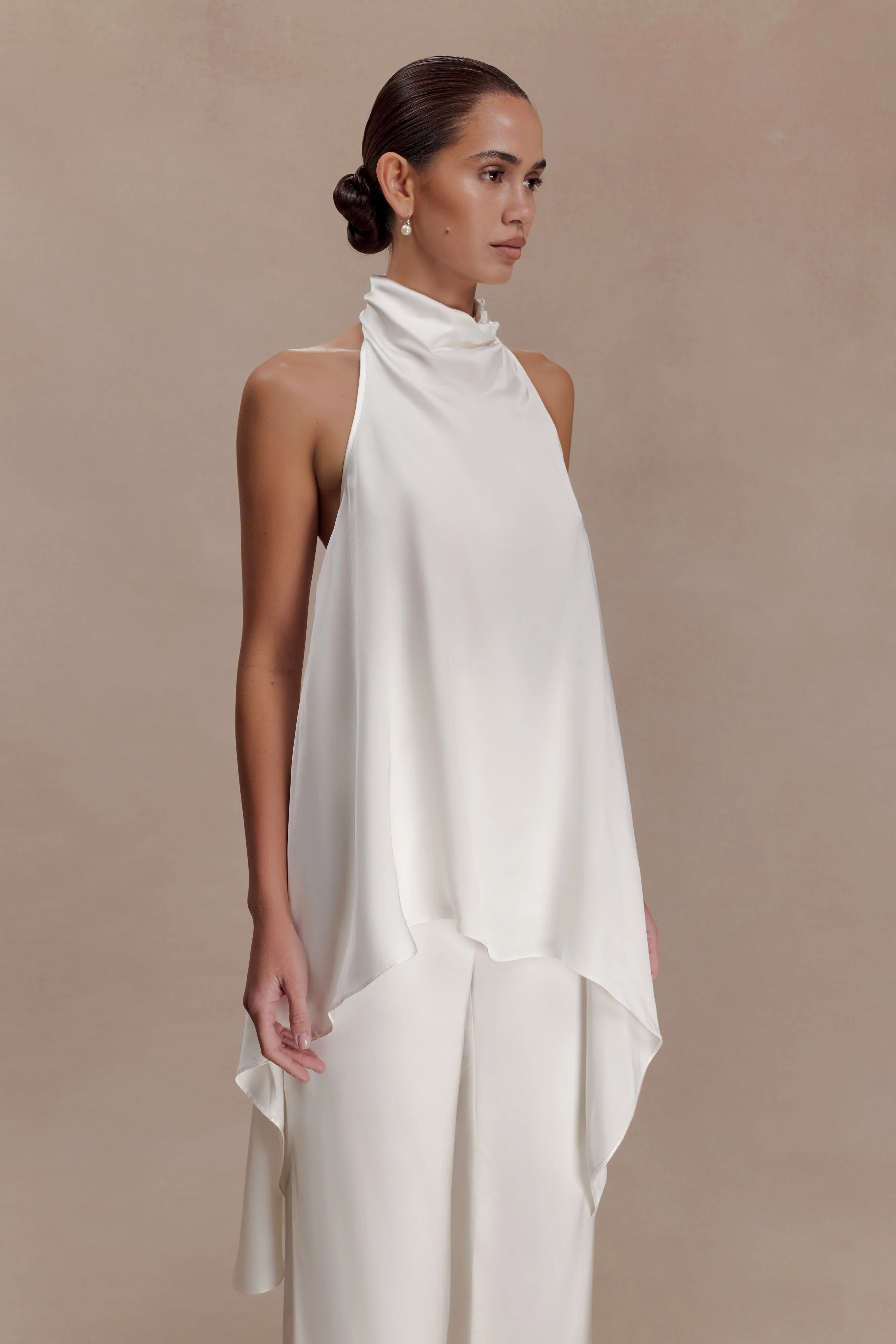 Sydney Asymmetrical Satin Halter Top - Ivory - Image 4